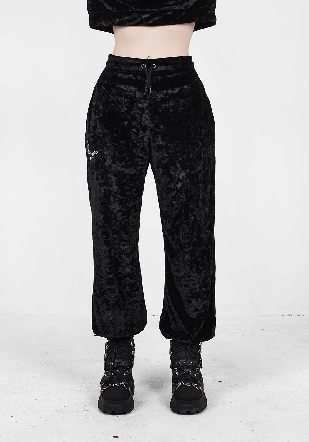 Gothic Black Velour Sweatpants with Embroidered Bat | Sad Bat's Club