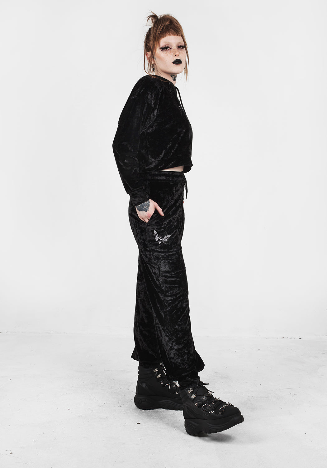 Gothic Black Velour Sweatpants with Embroidered Bat | Sad Bat's Club