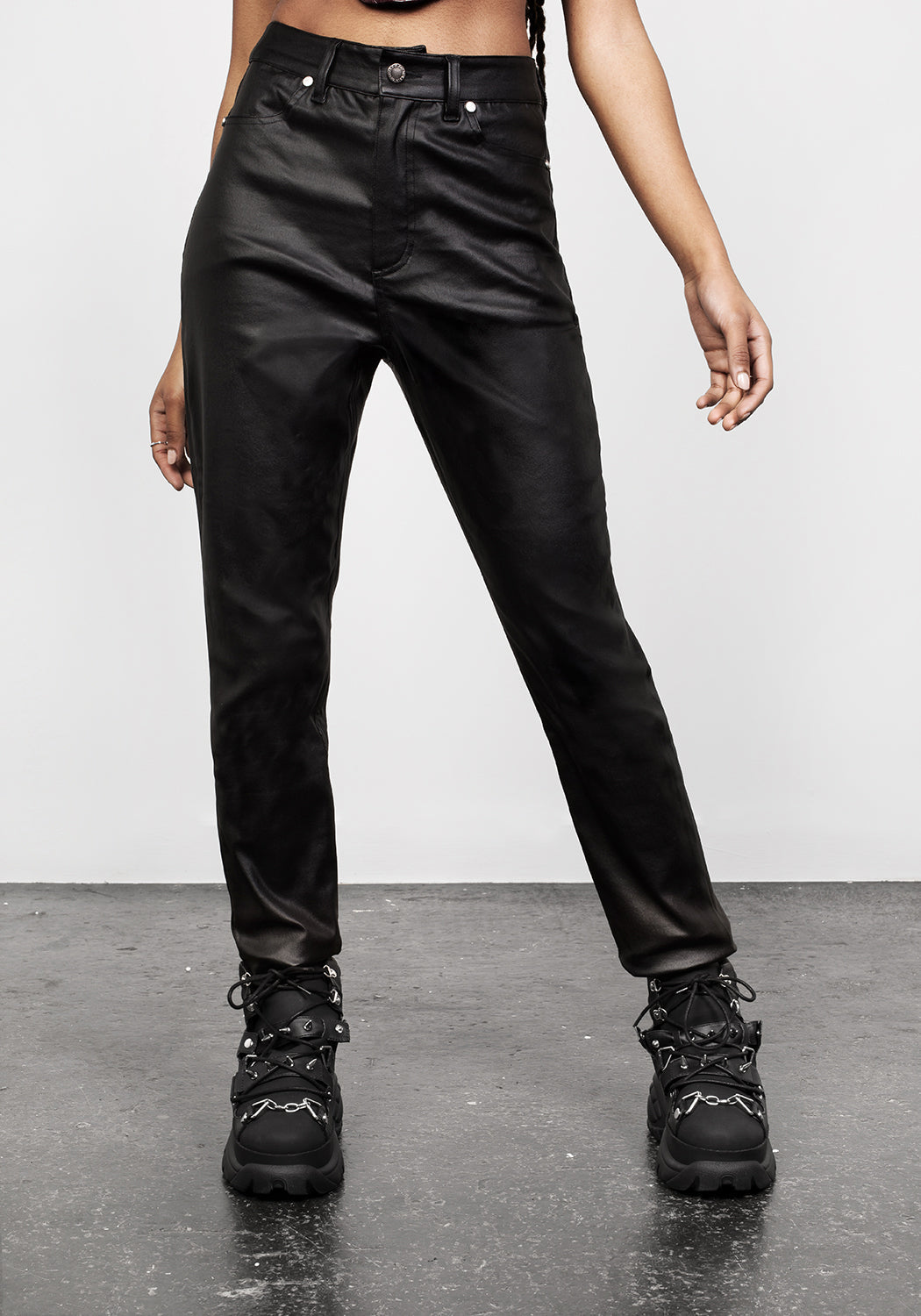 Black Coated Skinny Jeans with Stretch & Removable Spike Charm | BITEFEST