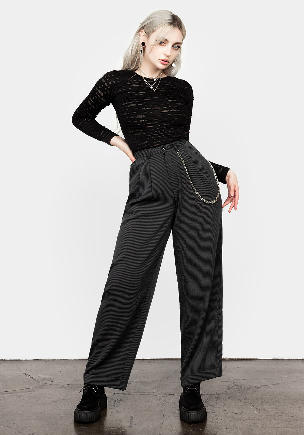 Straight-Leg Striped Trousers with Removable Chain | Dandy High-Waist Pants