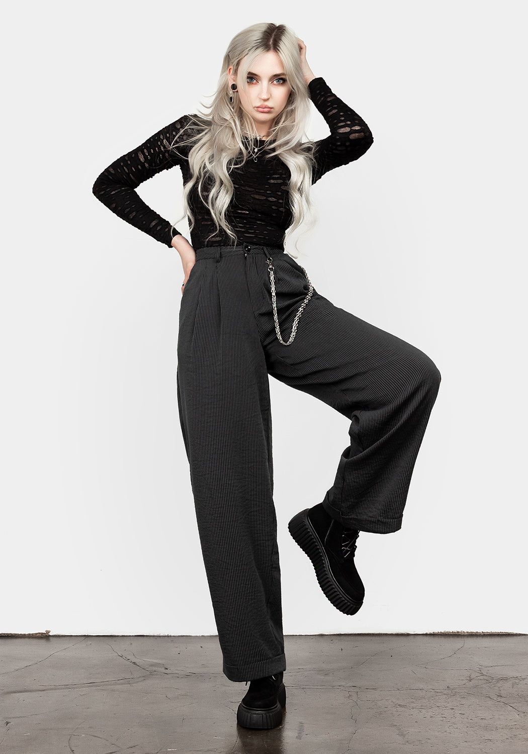 Straight-Leg Striped Trousers with Removable Chain | Dandy High-Waist Pants