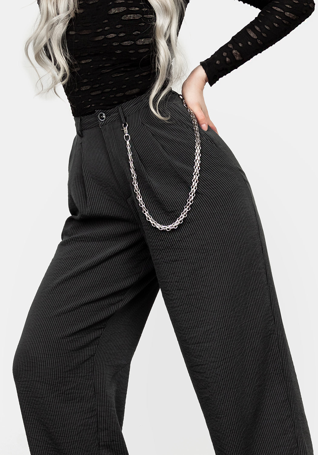 Straight-Leg Striped Trousers with Removable Chain | Dandy High-Waist Pants