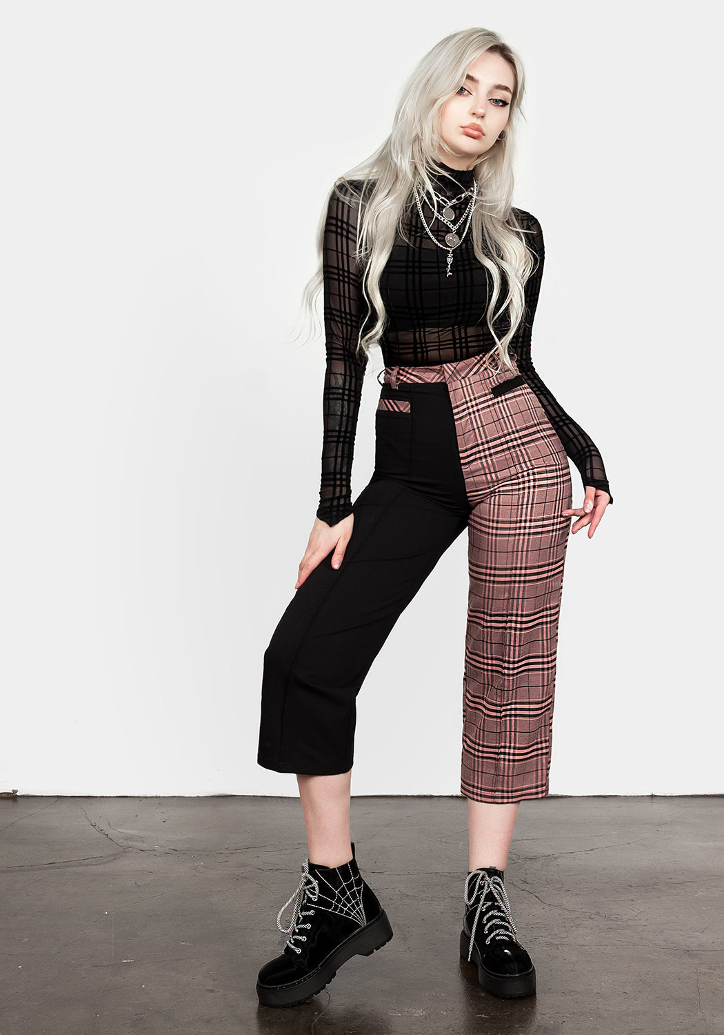 Check Print Spliced Crop Trousers with Removable Spike Detail | Lovebuzz