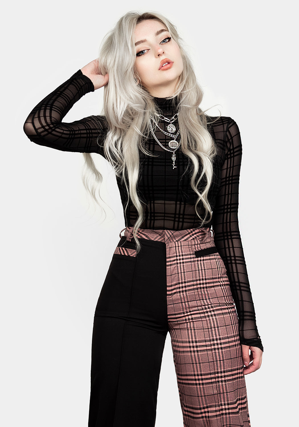 Check Print Spliced Crop Trousers with Removable Spike Detail | Lovebuzz