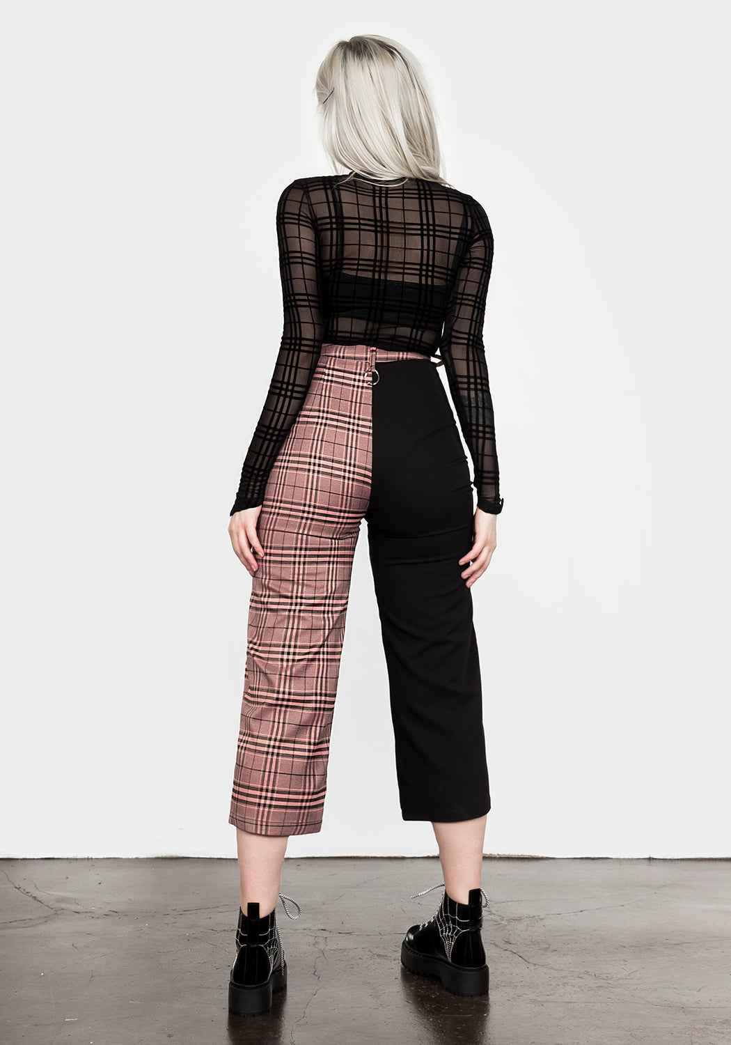 Check Print Spliced Crop Trousers with Removable Spike Detail | Lovebuzz