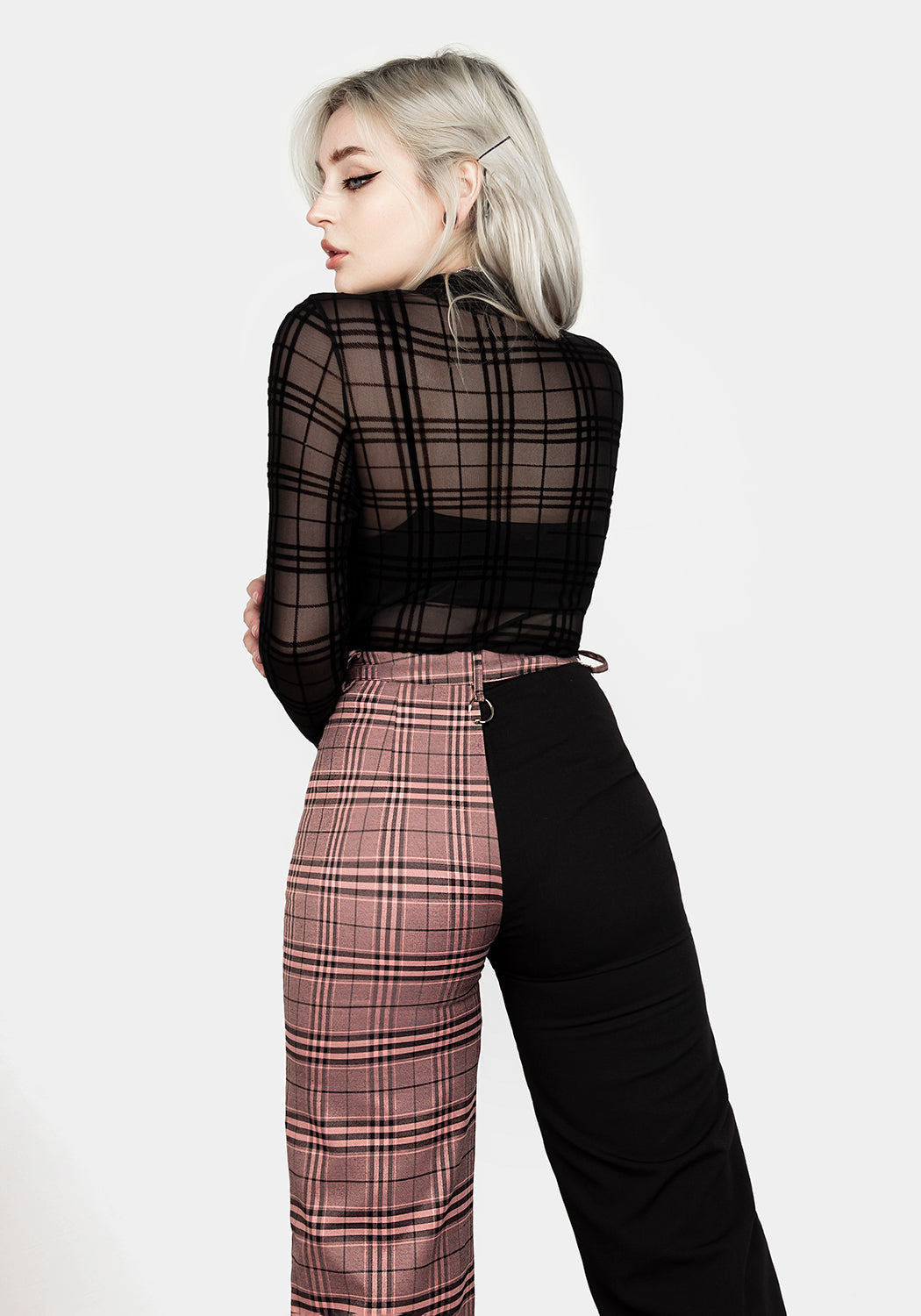 Check Print Spliced Crop Trousers with Removable Spike Detail | Lovebuzz