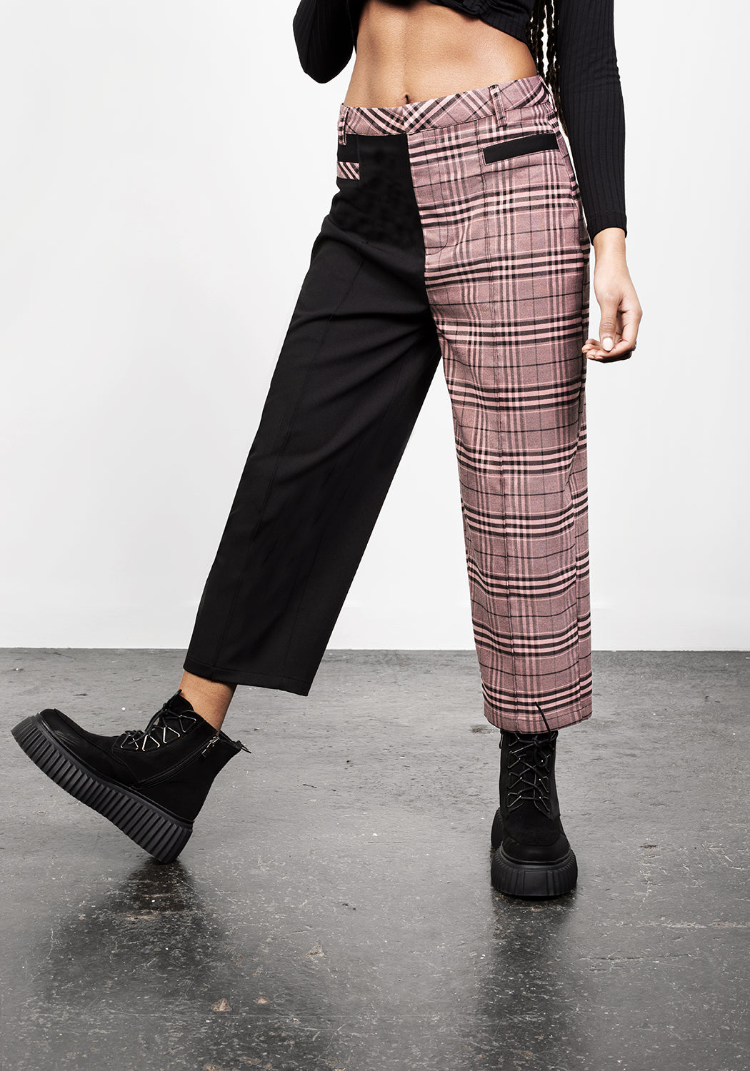 Check Print Spliced Crop Trousers with Removable Spike Detail | Lovebuzz