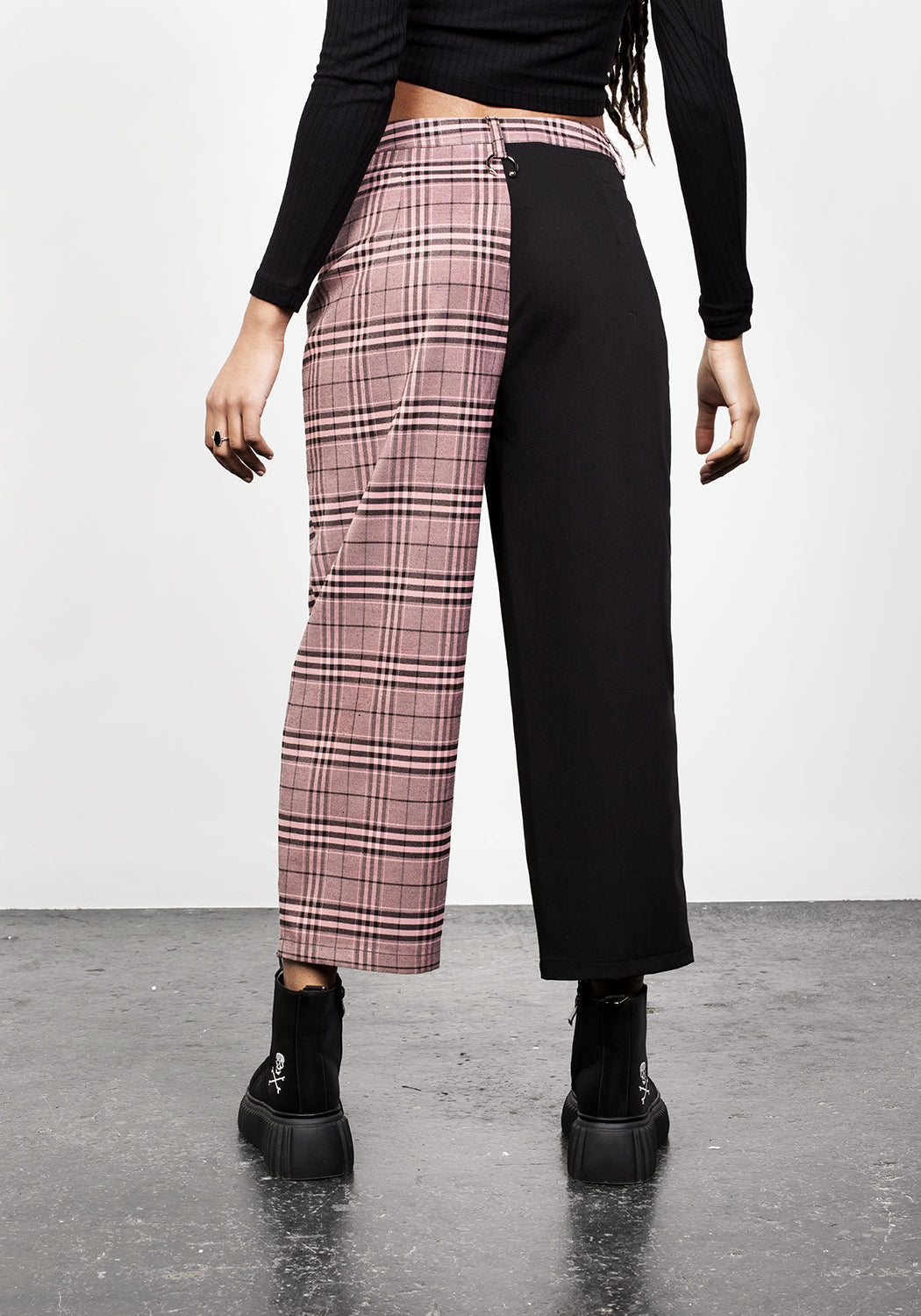 Check Print Spliced Crop Trousers with Removable Spike Detail | Lovebuzz