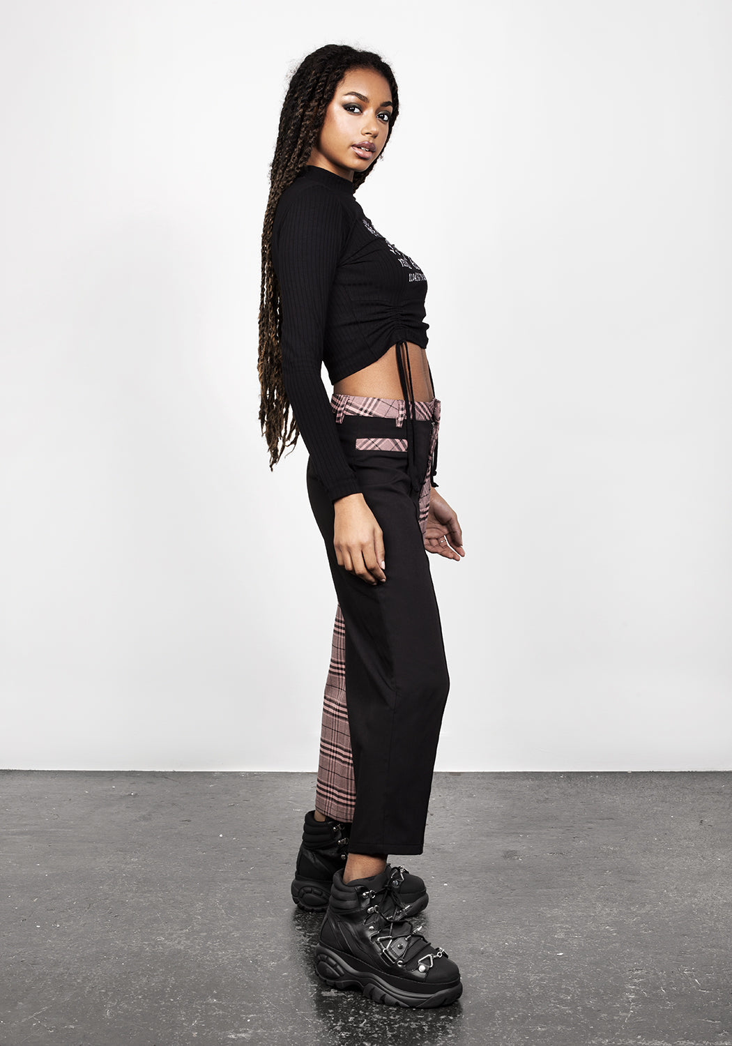 Check Print Spliced Crop Trousers with Removable Spike Detail | Lovebuzz
