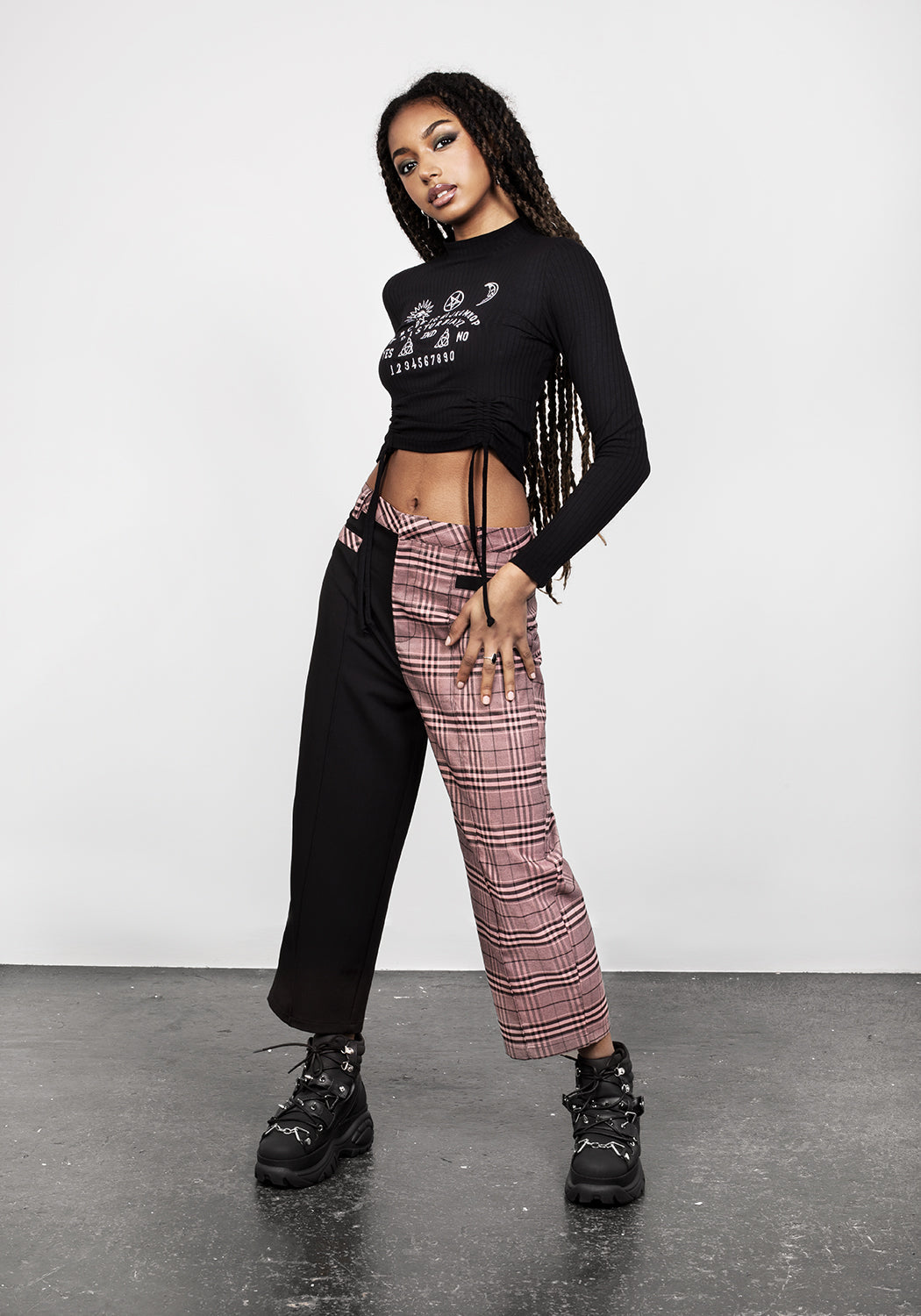 Check Print Spliced Crop Trousers with Removable Spike Detail | Lovebuzz