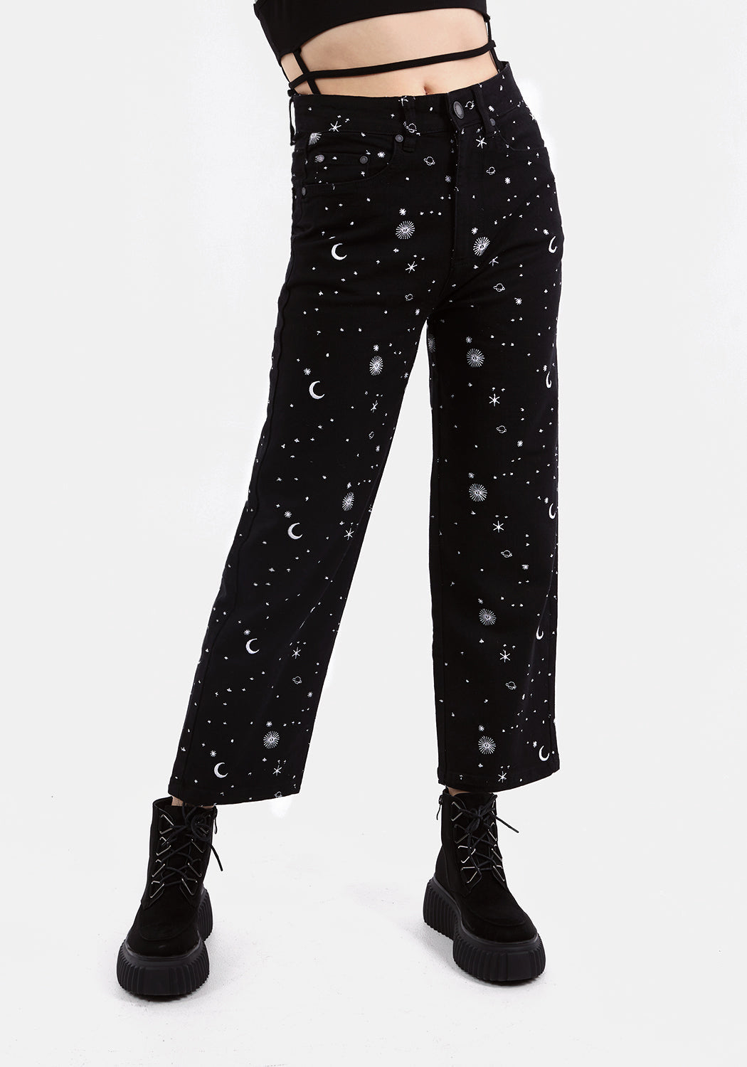 Star Embroidered Black Denim Jeans with Stretch | Celestial