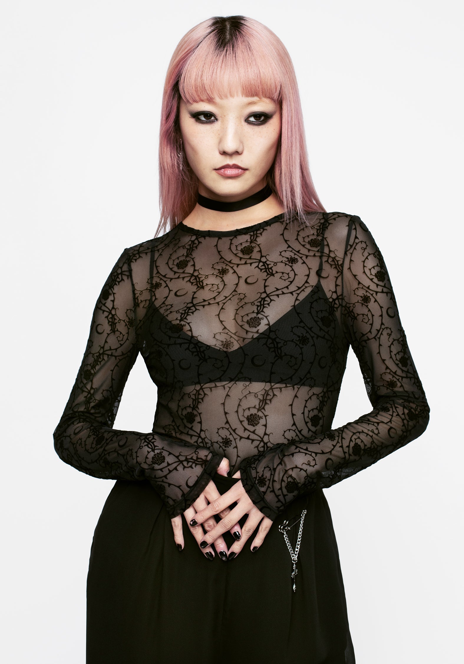 Black Mesh Top with Flocked Thorns Print | Gothic Long Sleeve Crop
