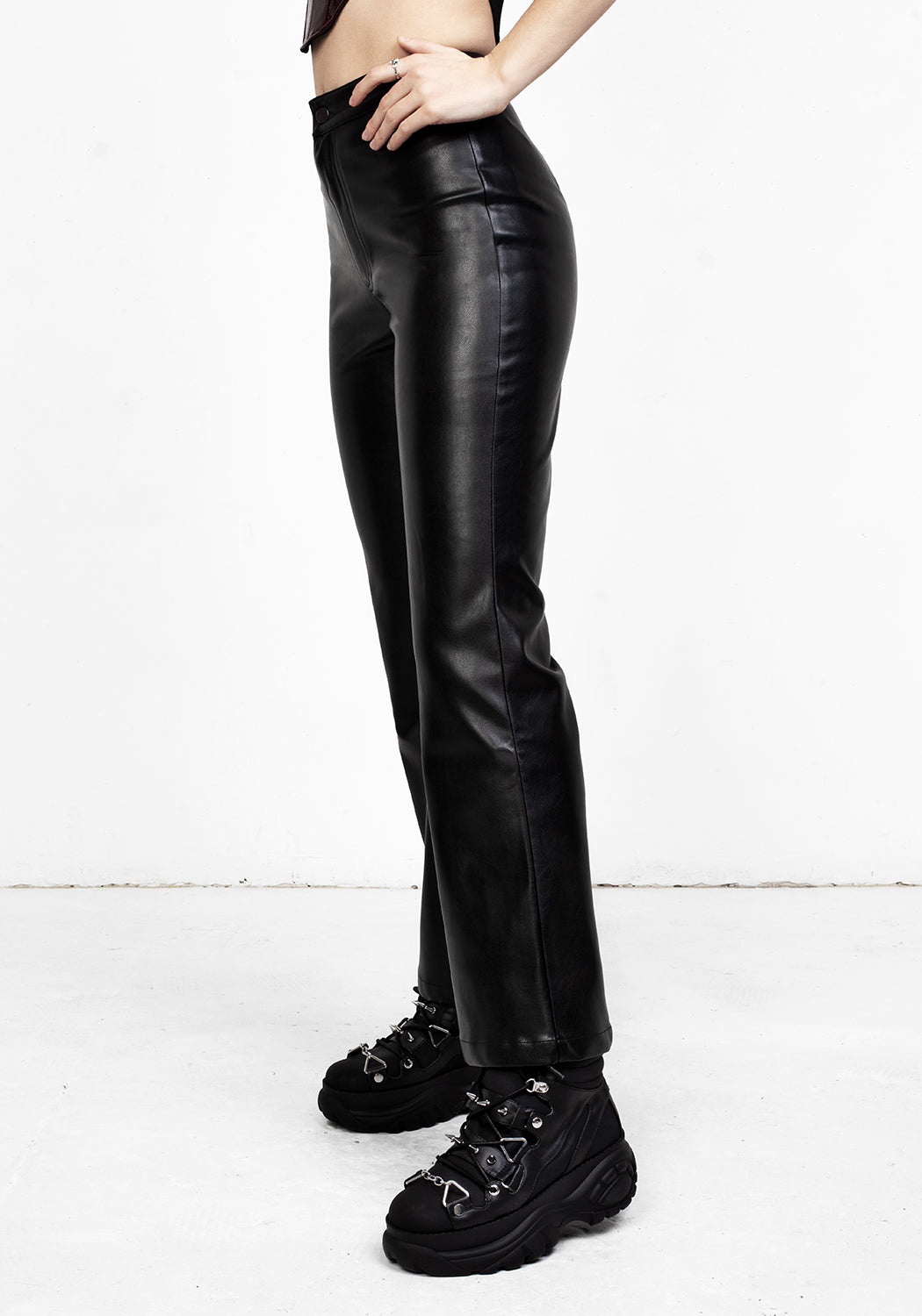 Black Leather Flared Trousers with Silver Pentagram Charm | Bronte