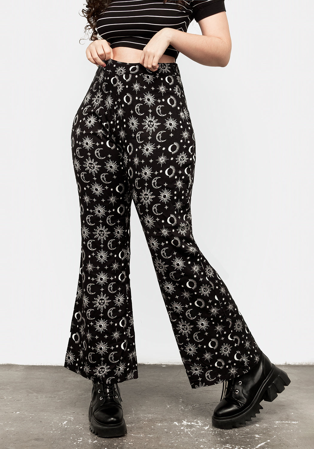 Black Flared Trousers with Celestial Print | Moonbeam Flares