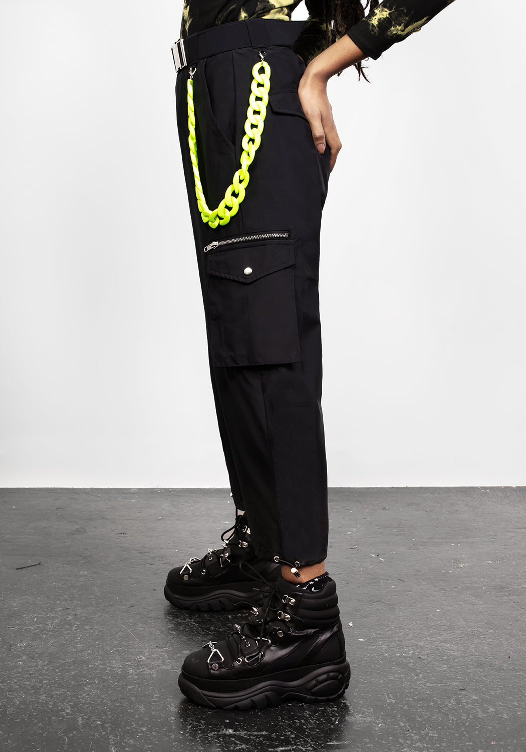 Black Cropped Cargo Pants with Lime Chain & Toggle Cuffs | Reckless