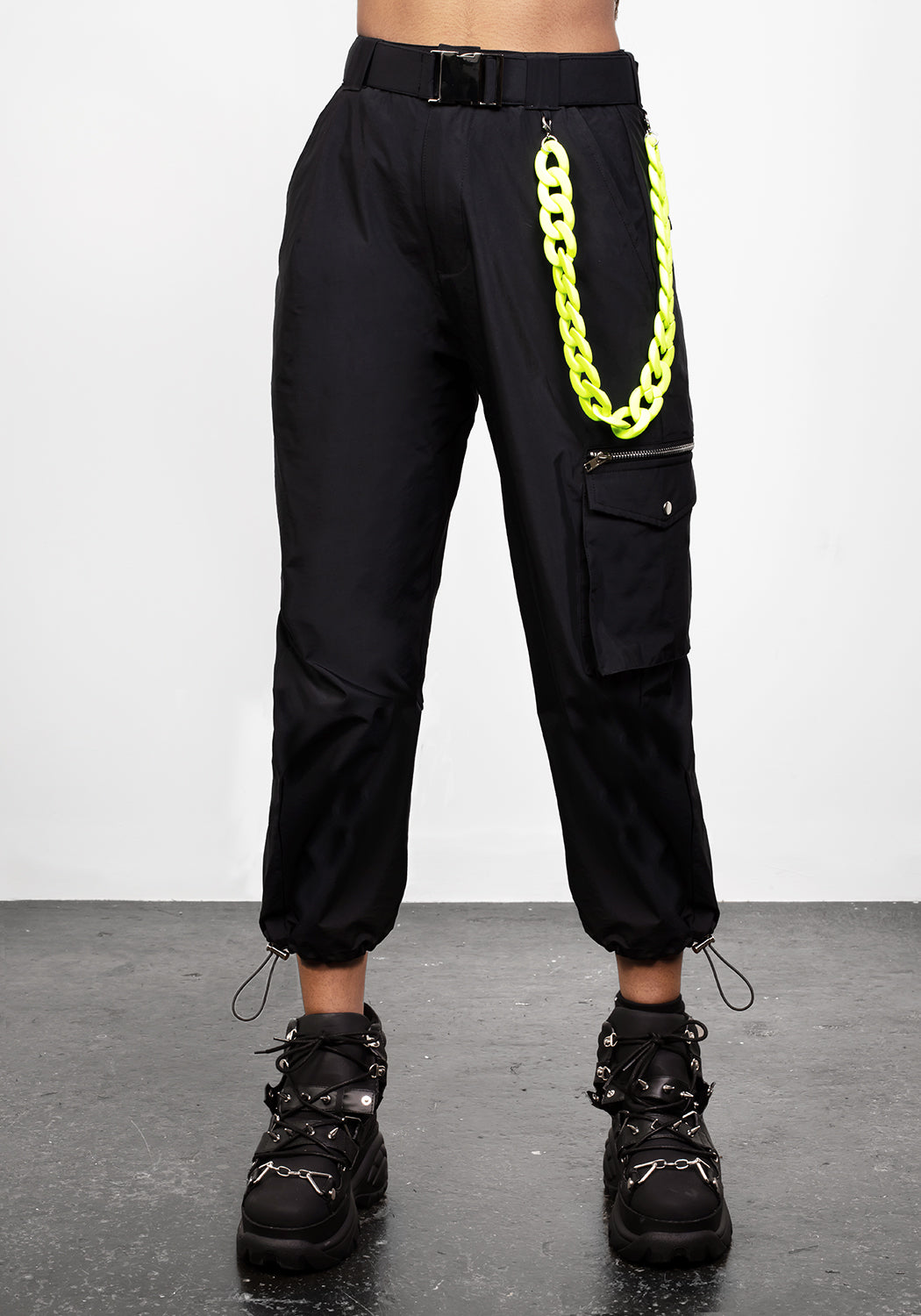 Black Cropped Cargo Pants with Lime Chain & Toggle Cuffs | Reckless