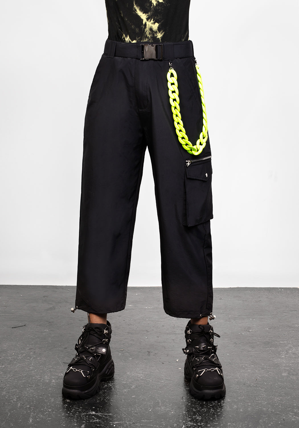 Black Cropped Cargo Pants with Lime Chain & Toggle Cuffs | Reckless