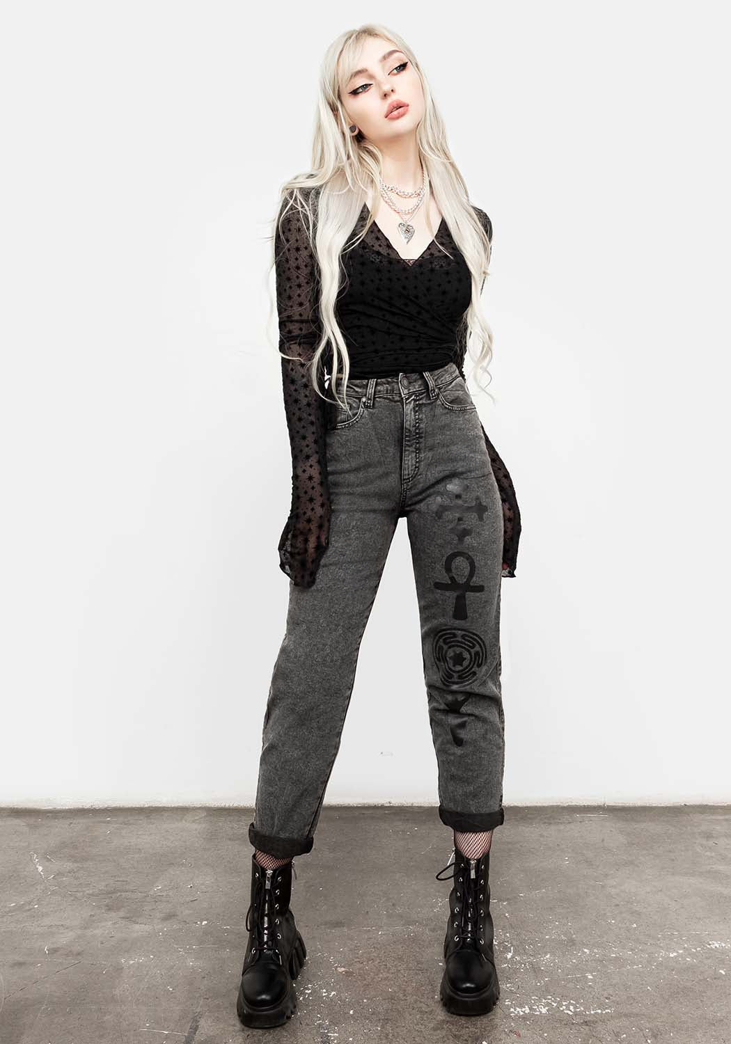 Washed Grey-Black Denim Mom Jeans with Pagan Print | Mythic