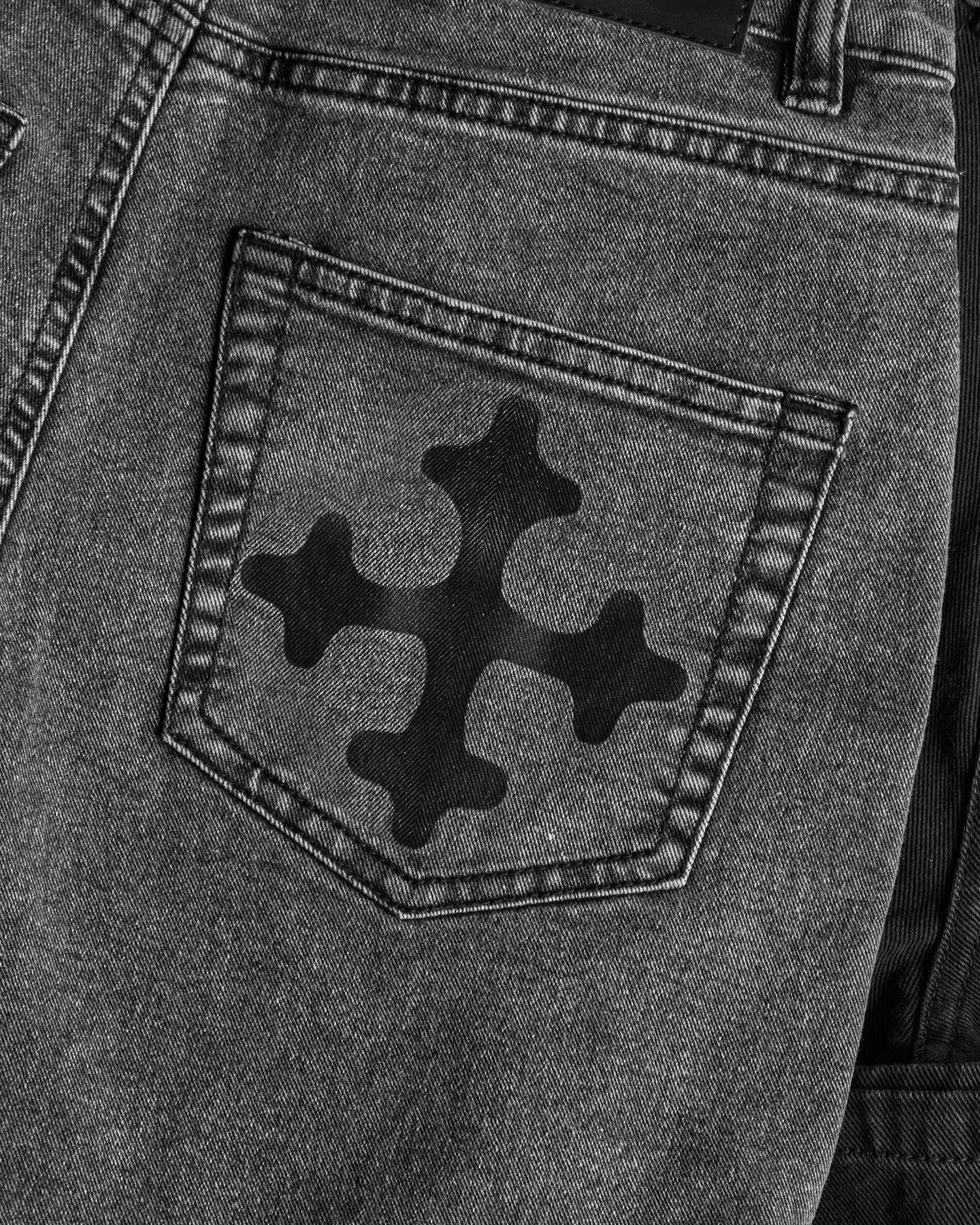 Washed Grey-Black Denim Mom Jeans with Pagan Print | Mythic