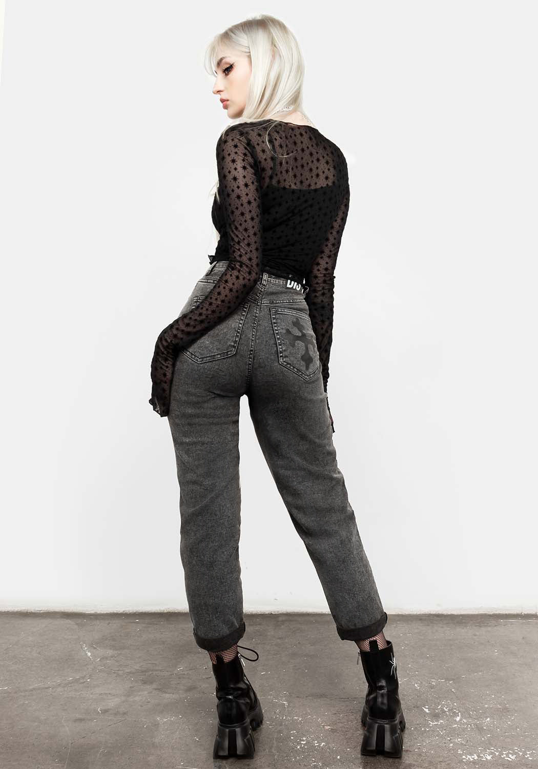 Washed Grey-Black Denim Mom Jeans with Pagan Print | Mythic