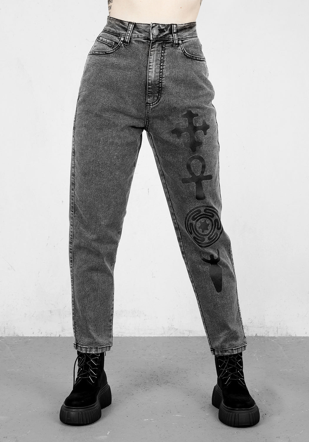 Washed Grey-Black Denim Mom Jeans with Pagan Print | Mythic