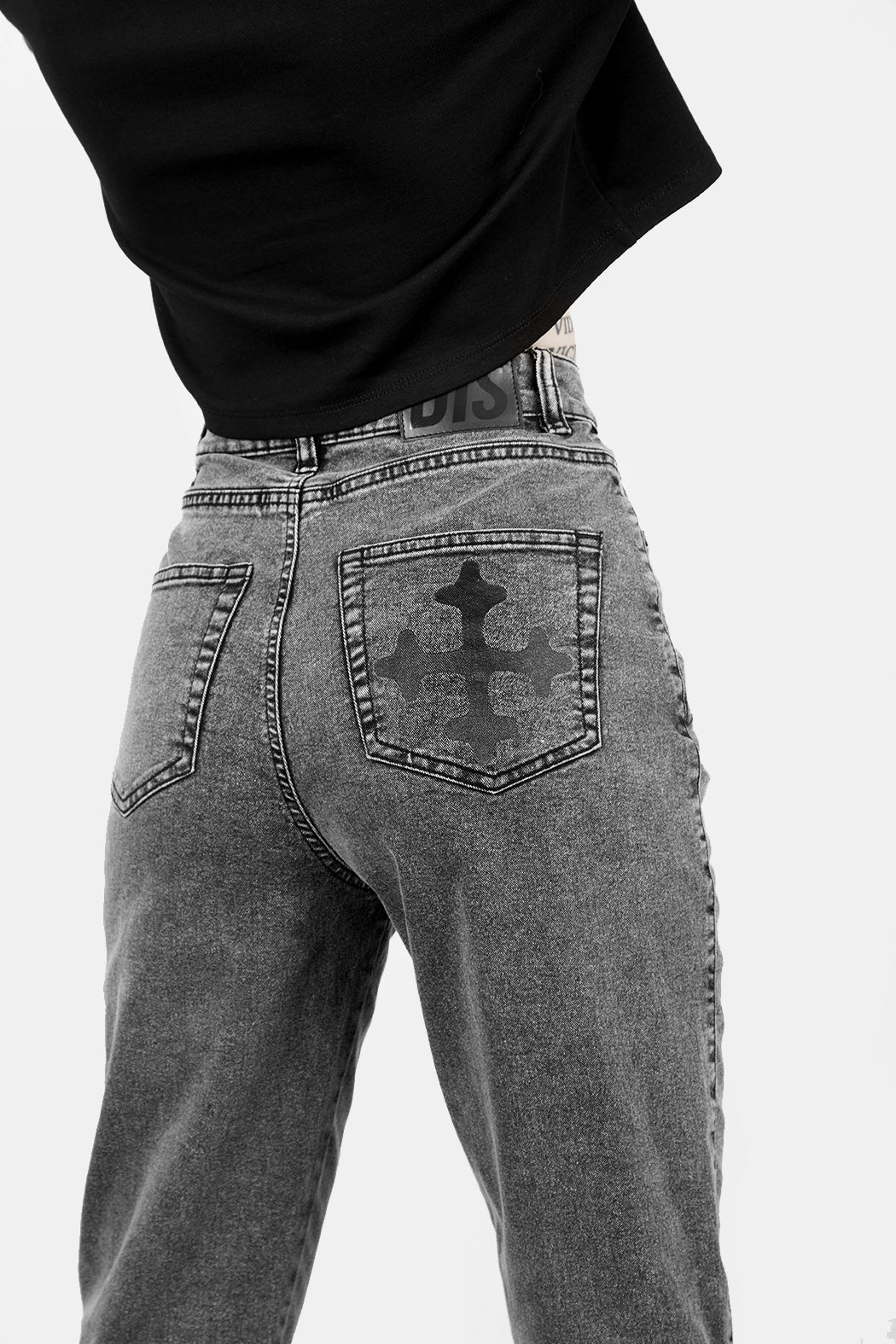 Washed Grey-Black Denim Mom Jeans with Pagan Print | Mythic