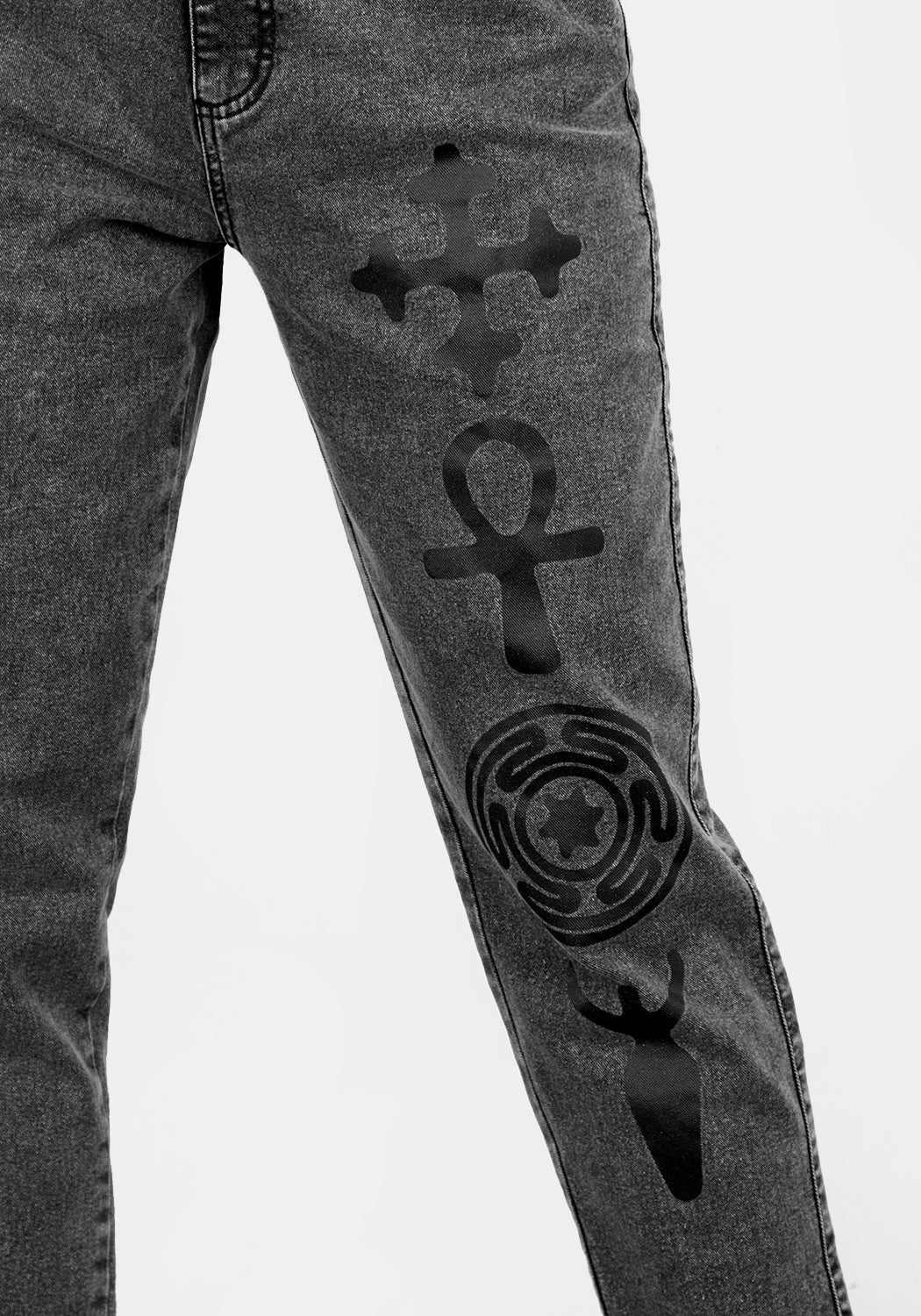Washed Grey-Black Denim Mom Jeans with Pagan Print | Mythic