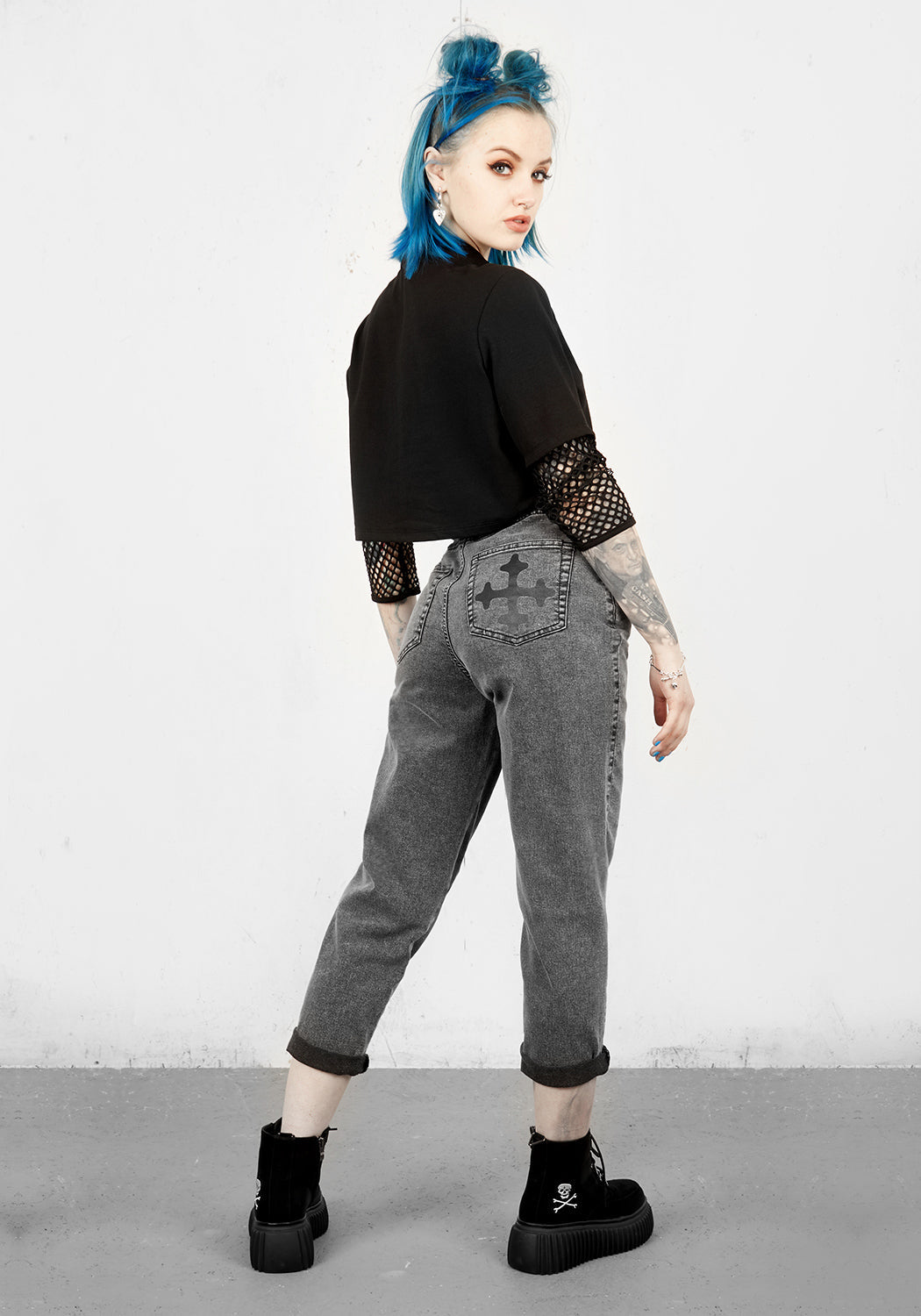 Washed Grey-Black Denim Mom Jeans with Pagan Print | Mythic