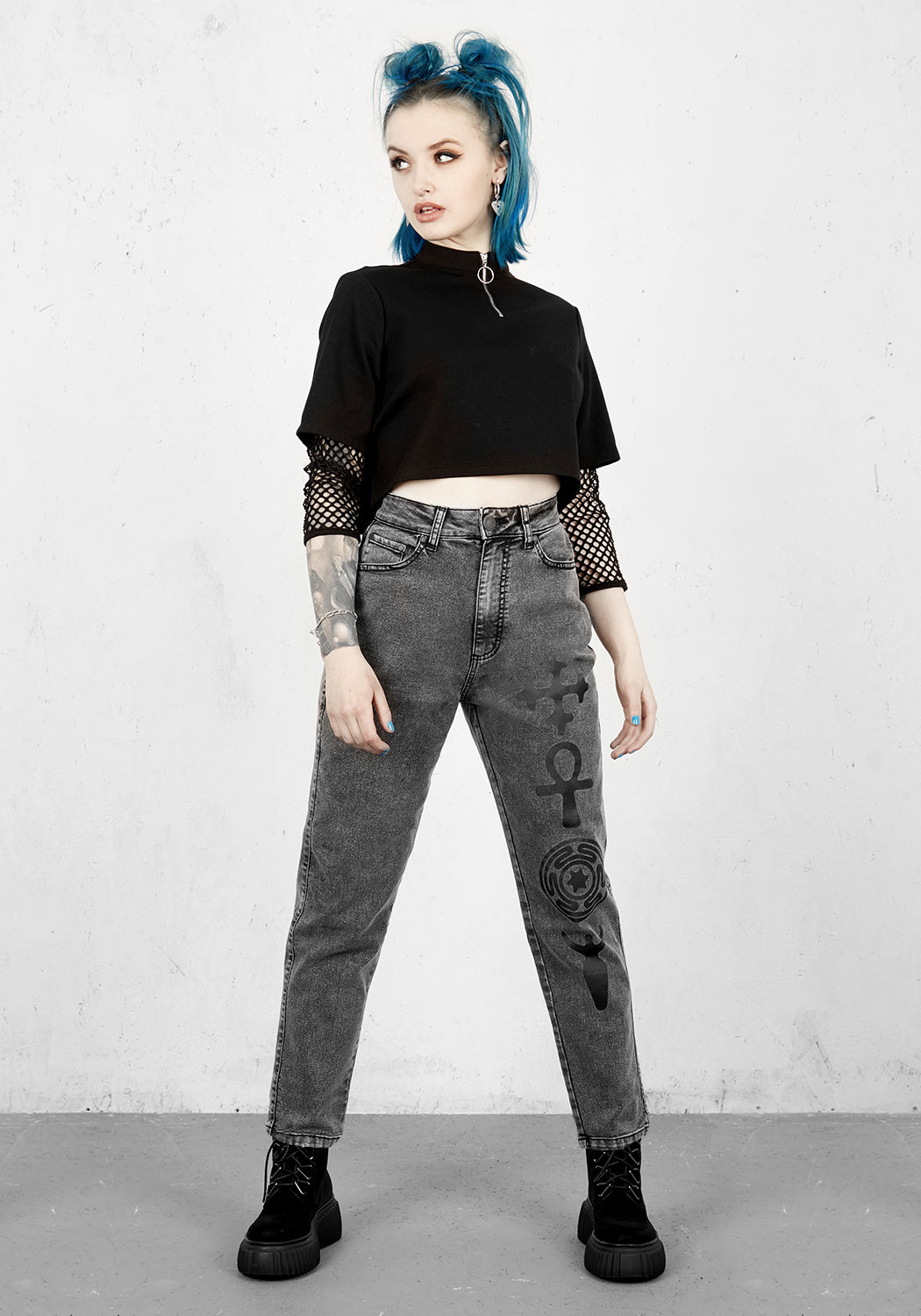 Washed Grey-Black Denim Mom Jeans with Pagan Print | Mythic