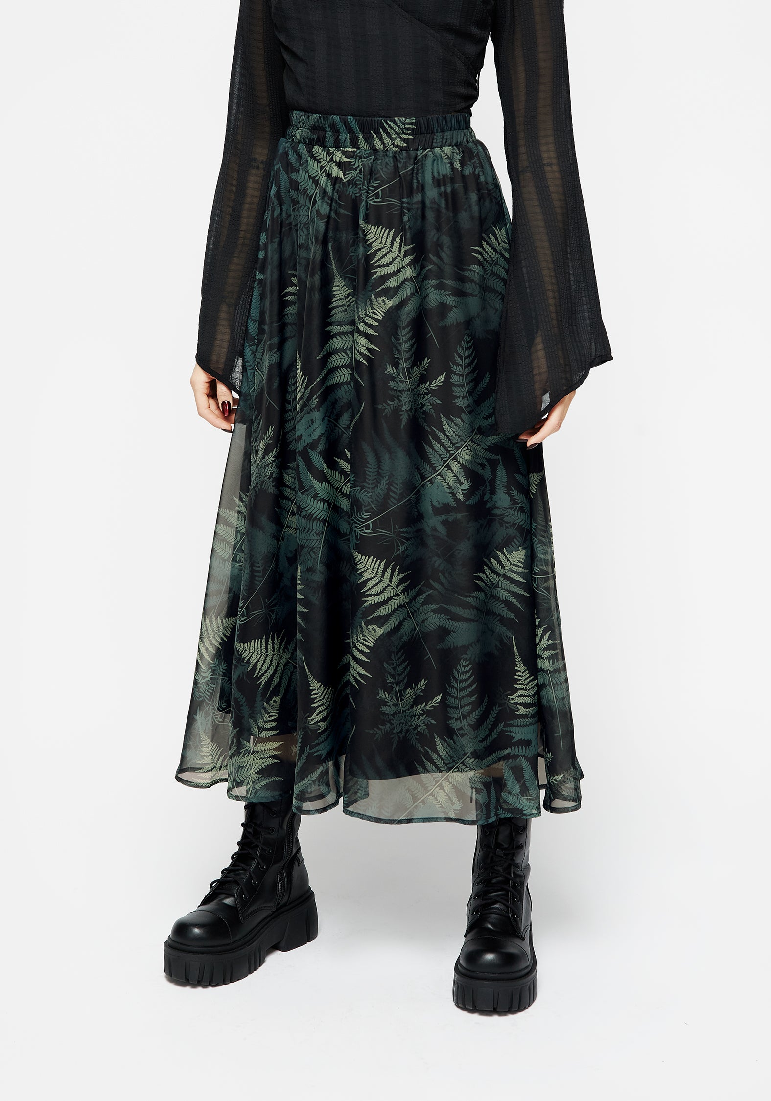 Black & Green Fern Print Chiffon Midaxi Skirt | Fernery