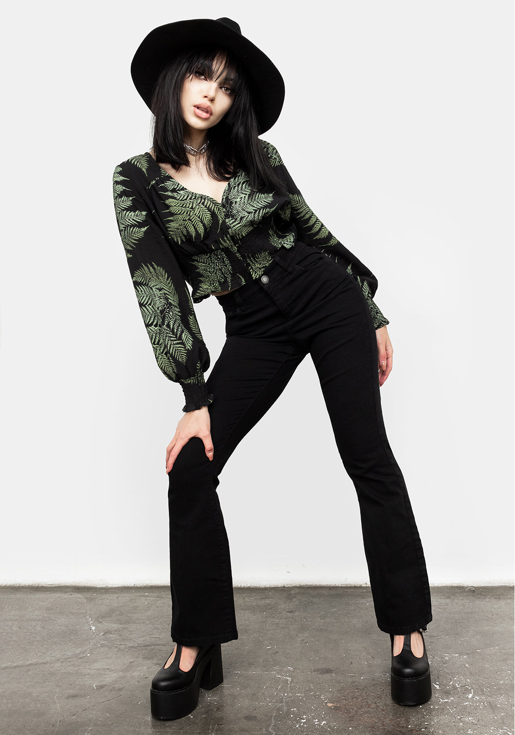Black Mid Waist Denim Flares with 'Bless This Mess' Embroidery | DIS