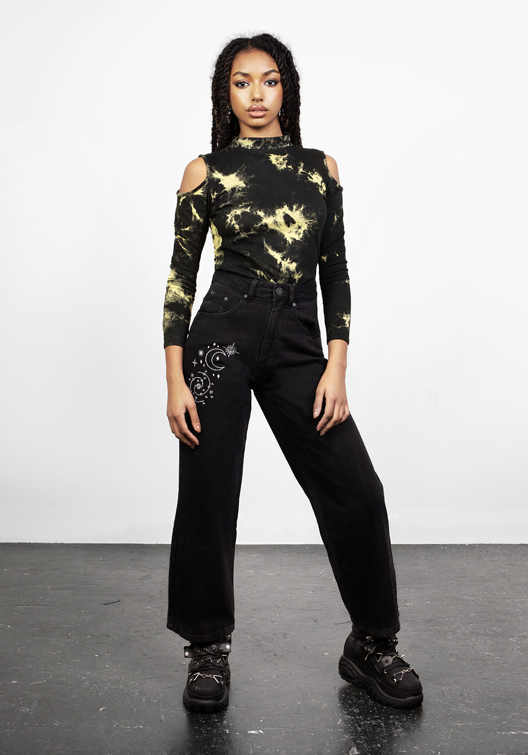 Wide Leg Jeans in Washed Black Denim with Galaxy Embroidery | Andromeda