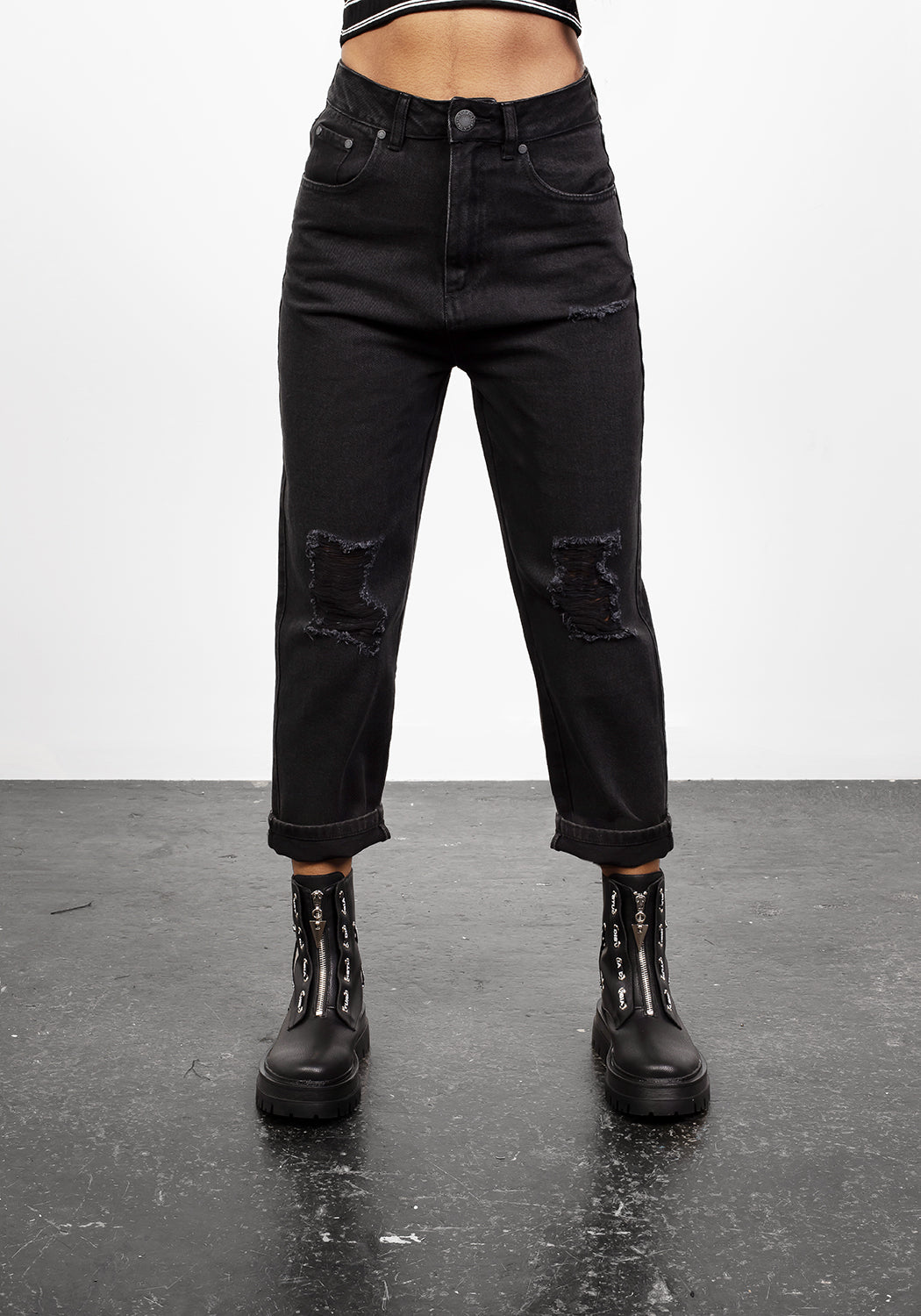 Distressed Black Denim Mom Jeans with Abracadabra Embroidery | Busted Knee Jean