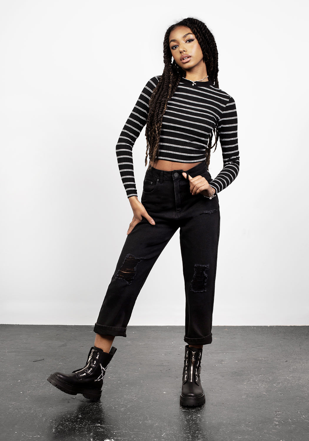 Distressed Black Denim Mom Jeans with Abracadabra Embroidery | Busted Knee Jean