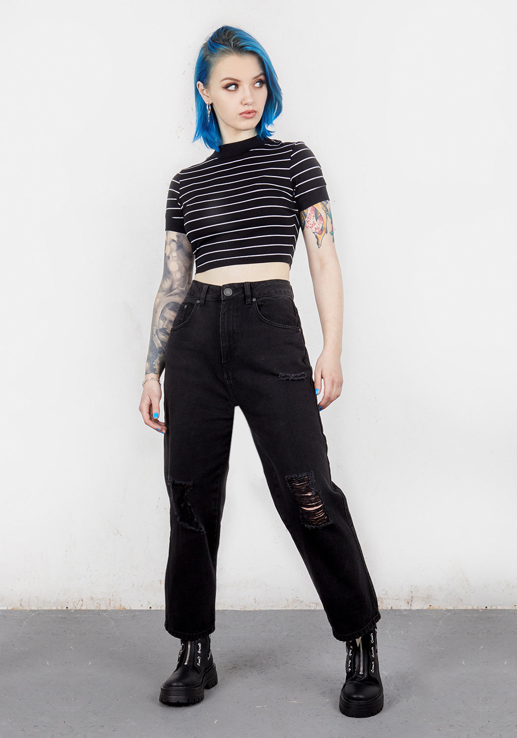 Distressed Black Denim Mom Jeans with Abracadabra Embroidery | Busted Knee Jean