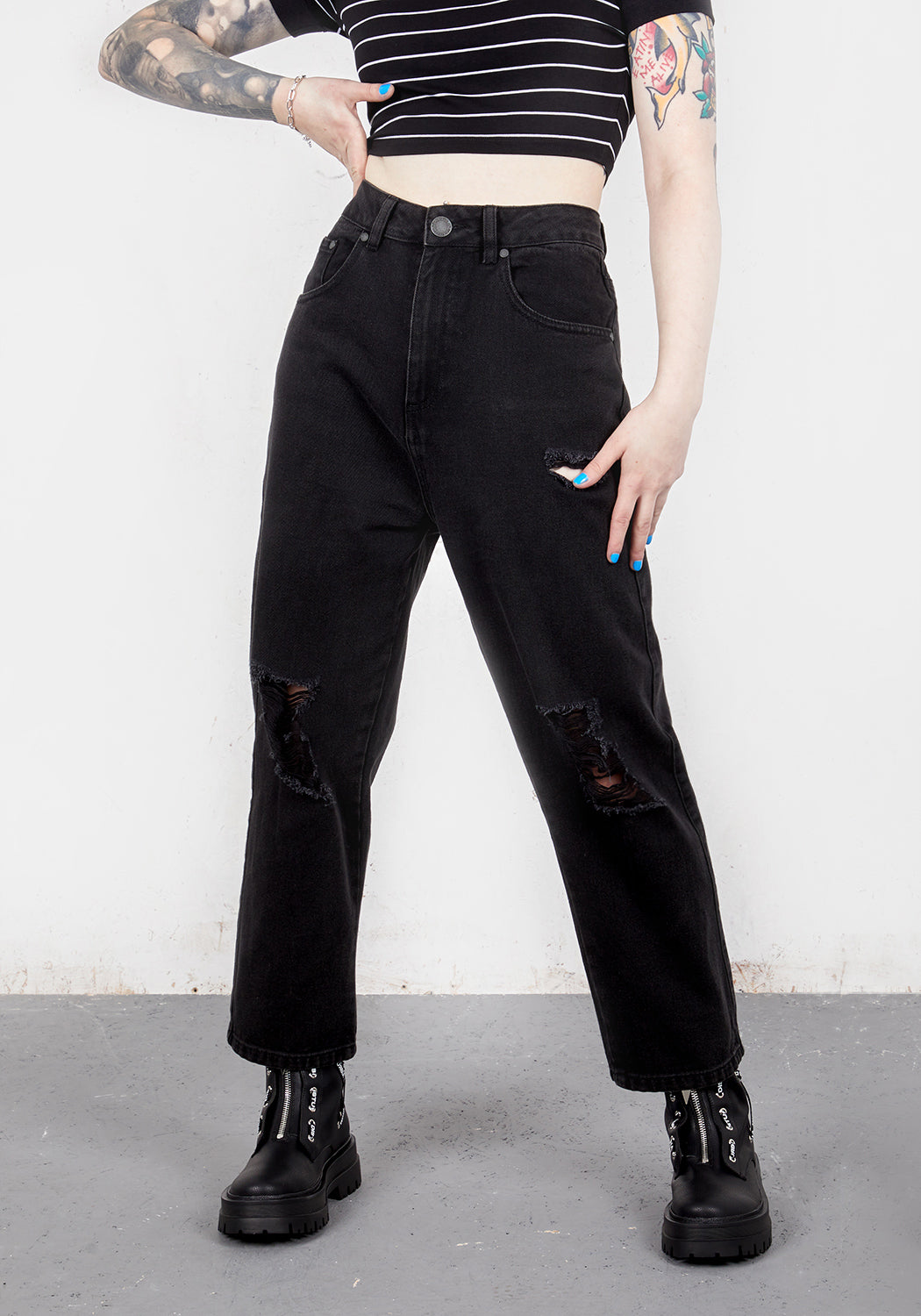 Distressed Black Denim Mom Jeans with Abracadabra Embroidery | Busted Knee Jean