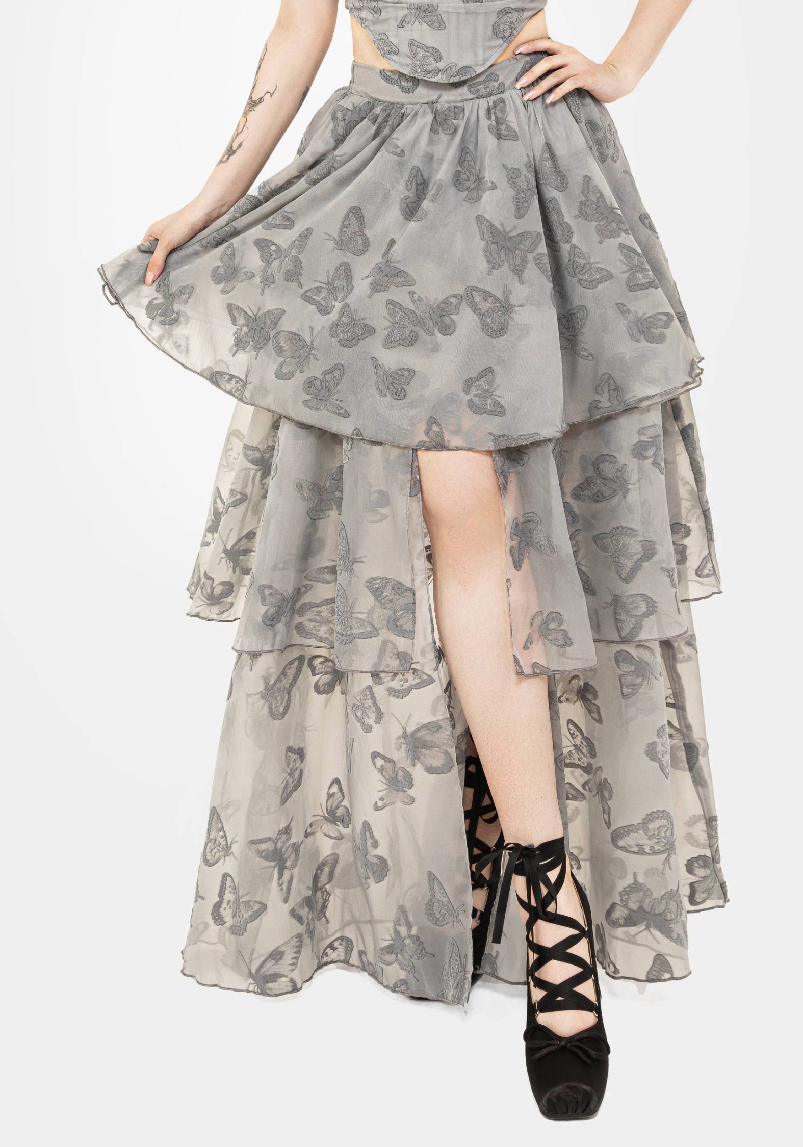 Butterfly Print Maxi Skirt with Front Split & Tiered Layers | Vanessa