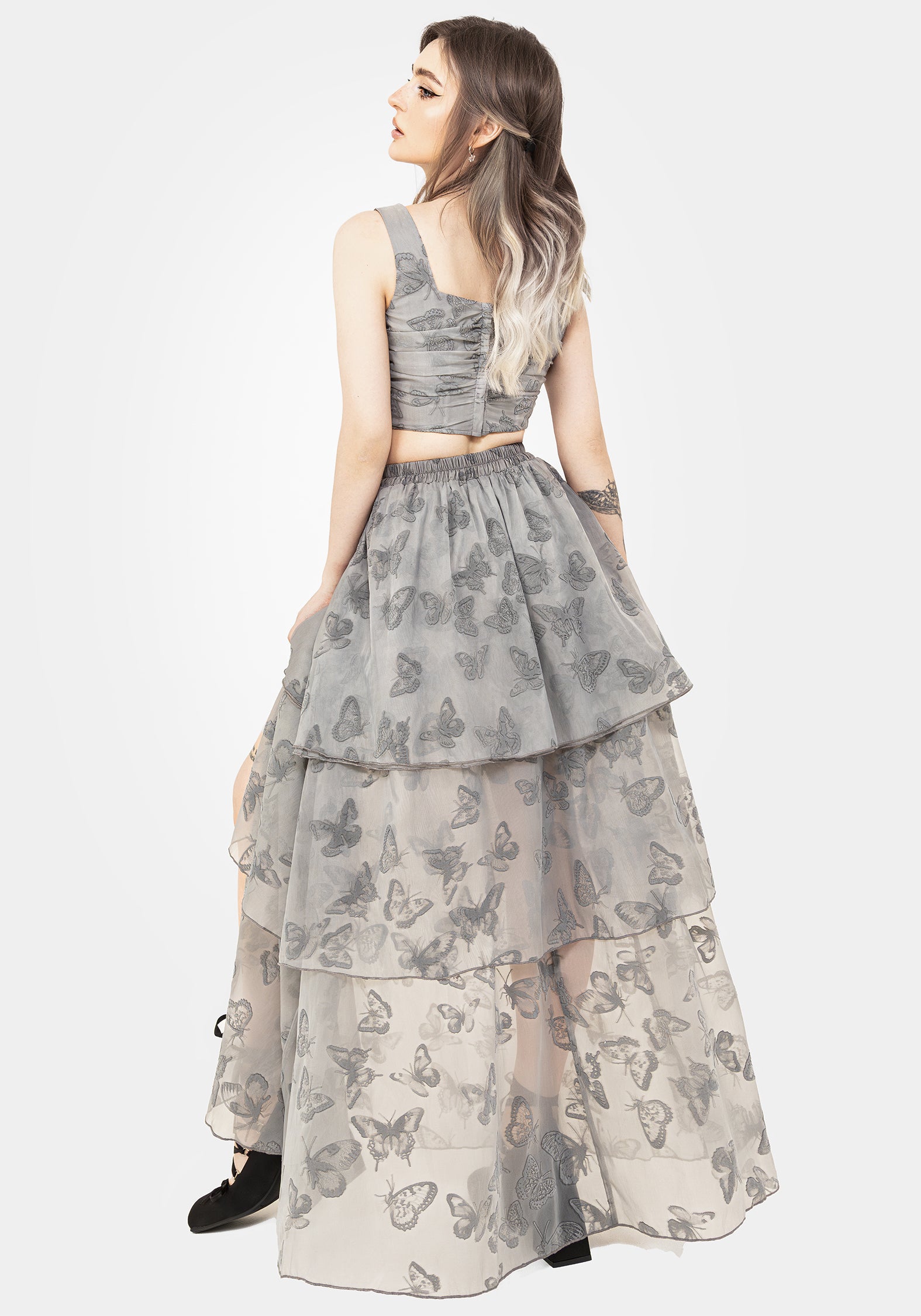 Butterfly Print Maxi Skirt with Front Split & Tiered Layers | Vanessa
