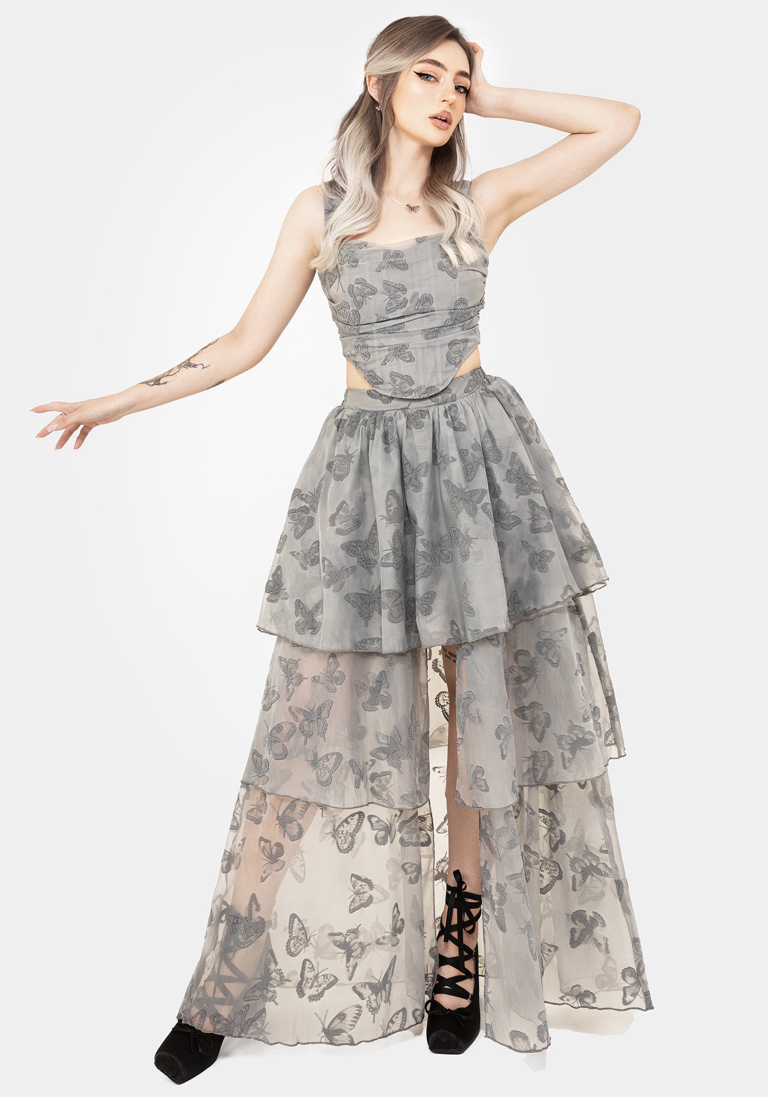 Butterfly Print Maxi Skirt with Front Split & Tiered Layers | Vanessa