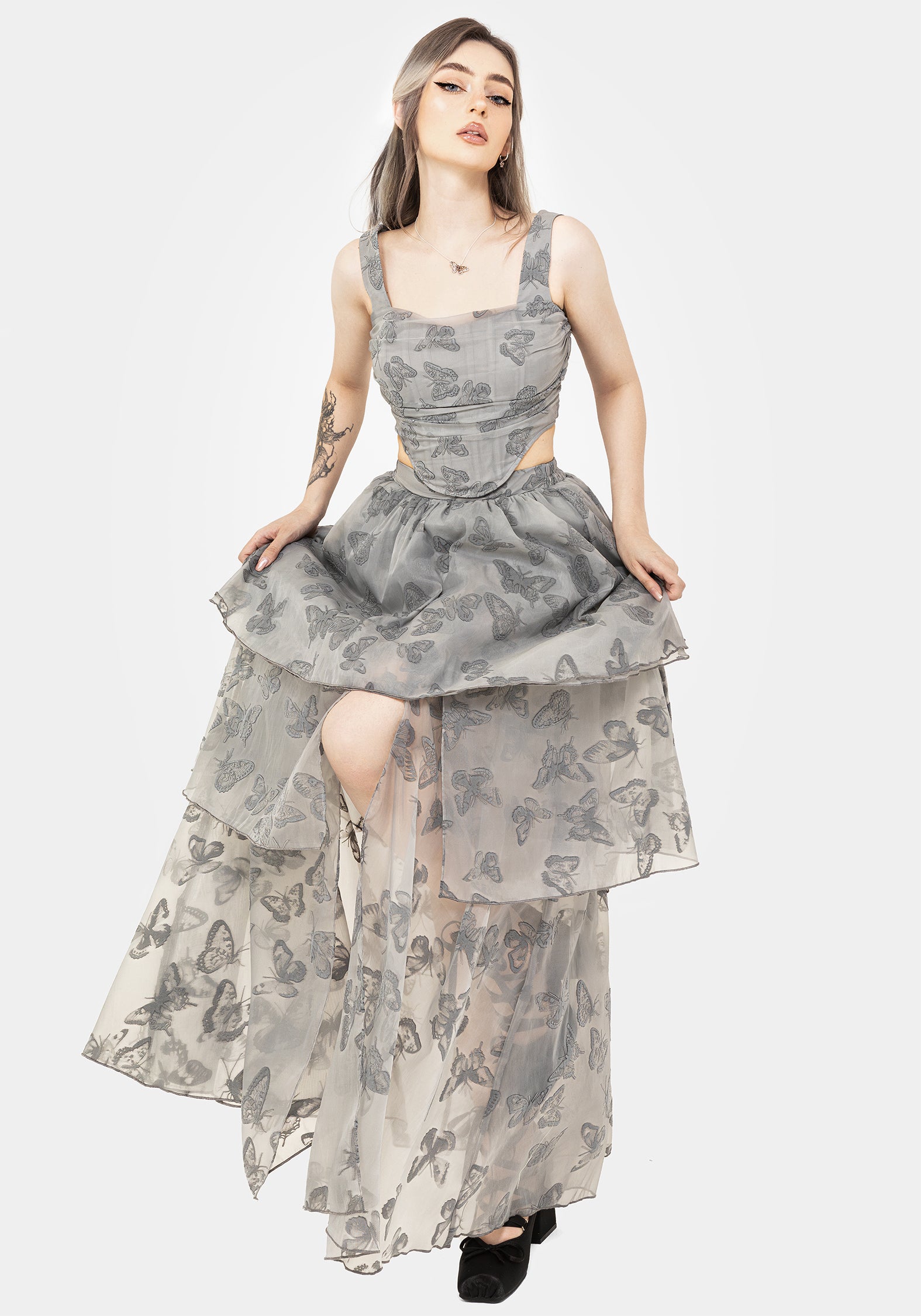 Butterfly Print Maxi Skirt with Front Split & Tiered Layers | Vanessa