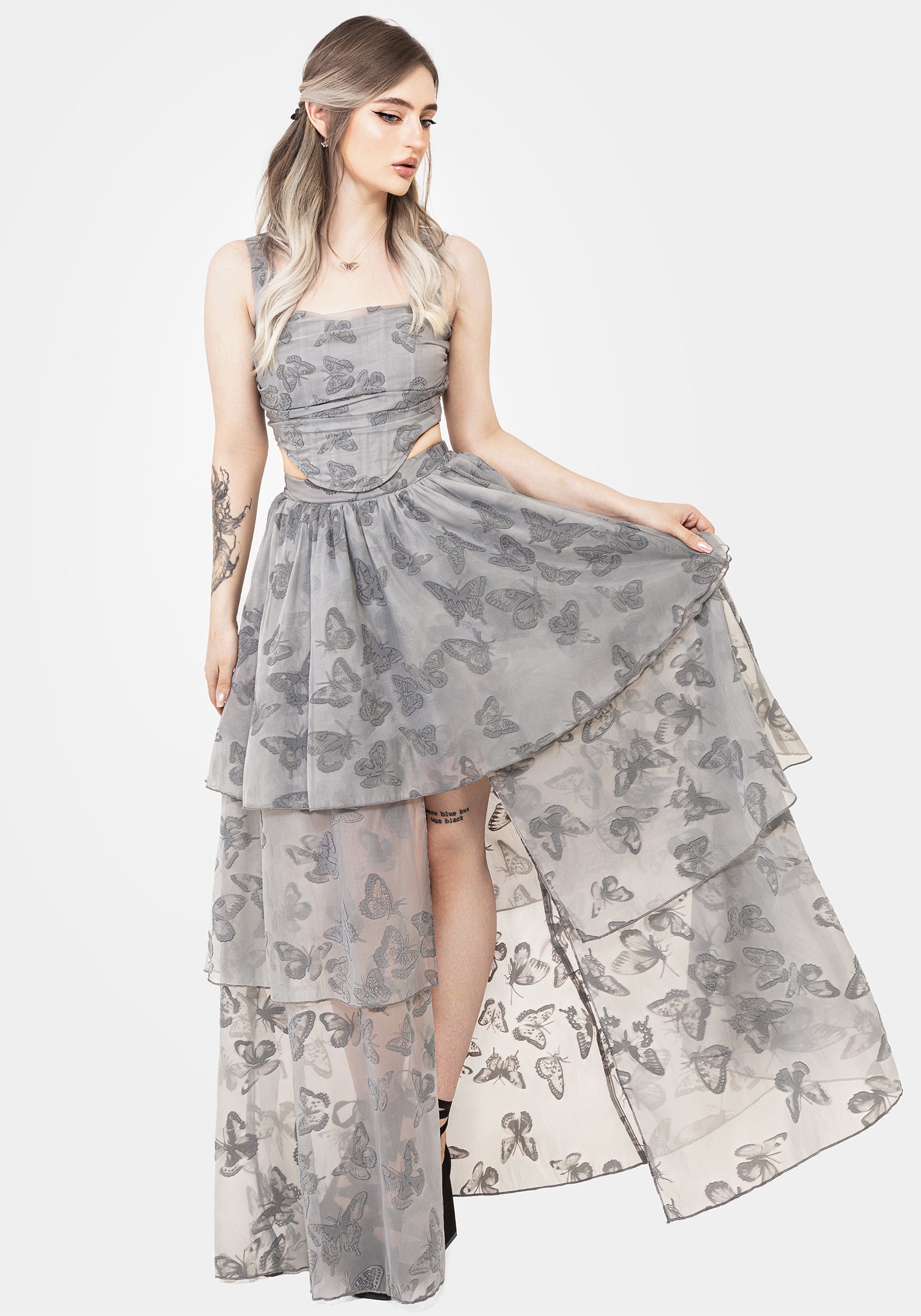 Butterfly Print Maxi Skirt with Front Split & Tiered Layers | Vanessa