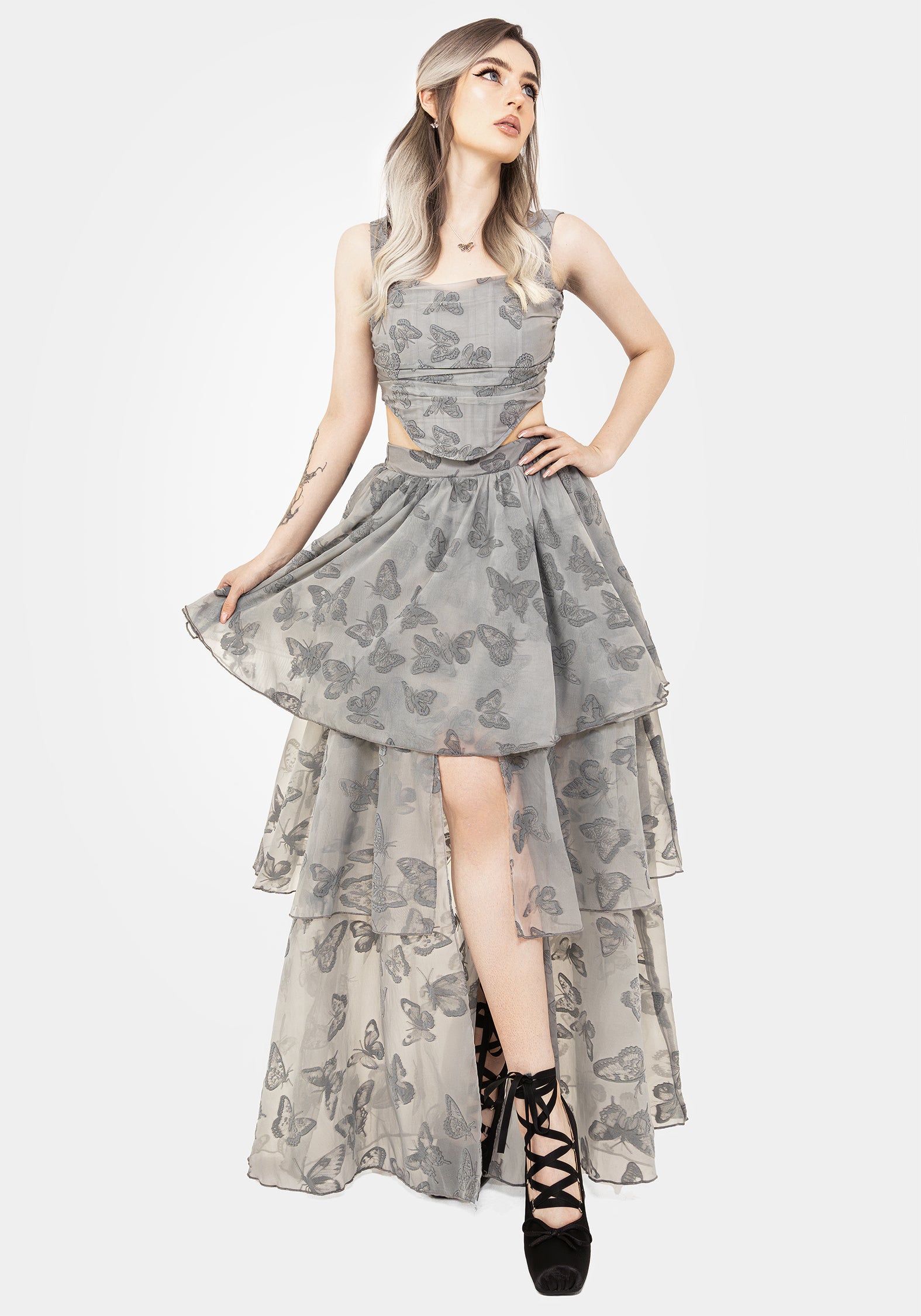 Butterfly Print Maxi Skirt with Front Split & Tiered Layers | Vanessa
