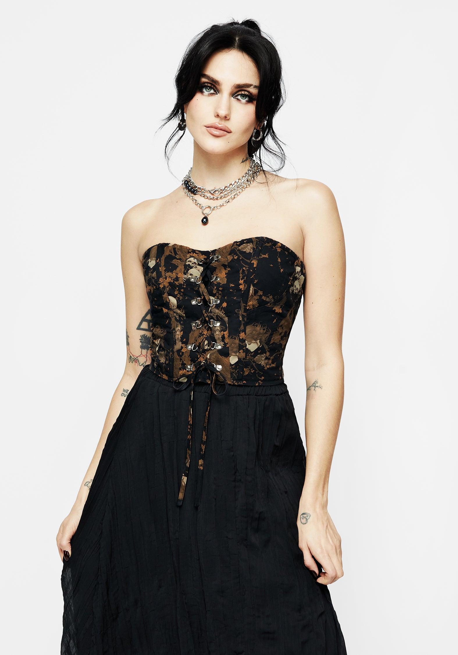 Black & Brown Floral Skull Corset Top | Strapless Lace-Up Design