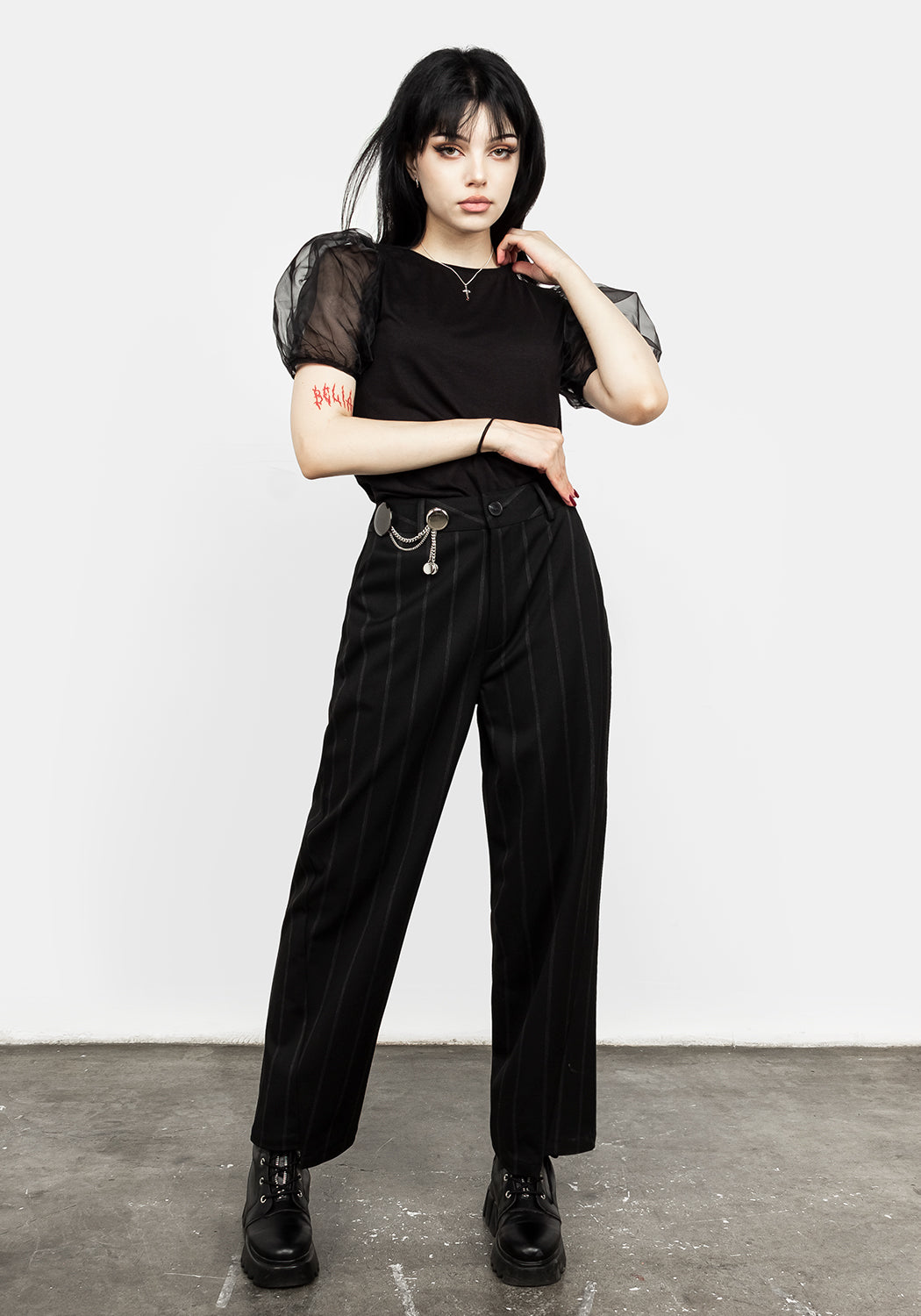 Black Pinstripe Crop Pants with Step Seams & Chain Trim | Isabel