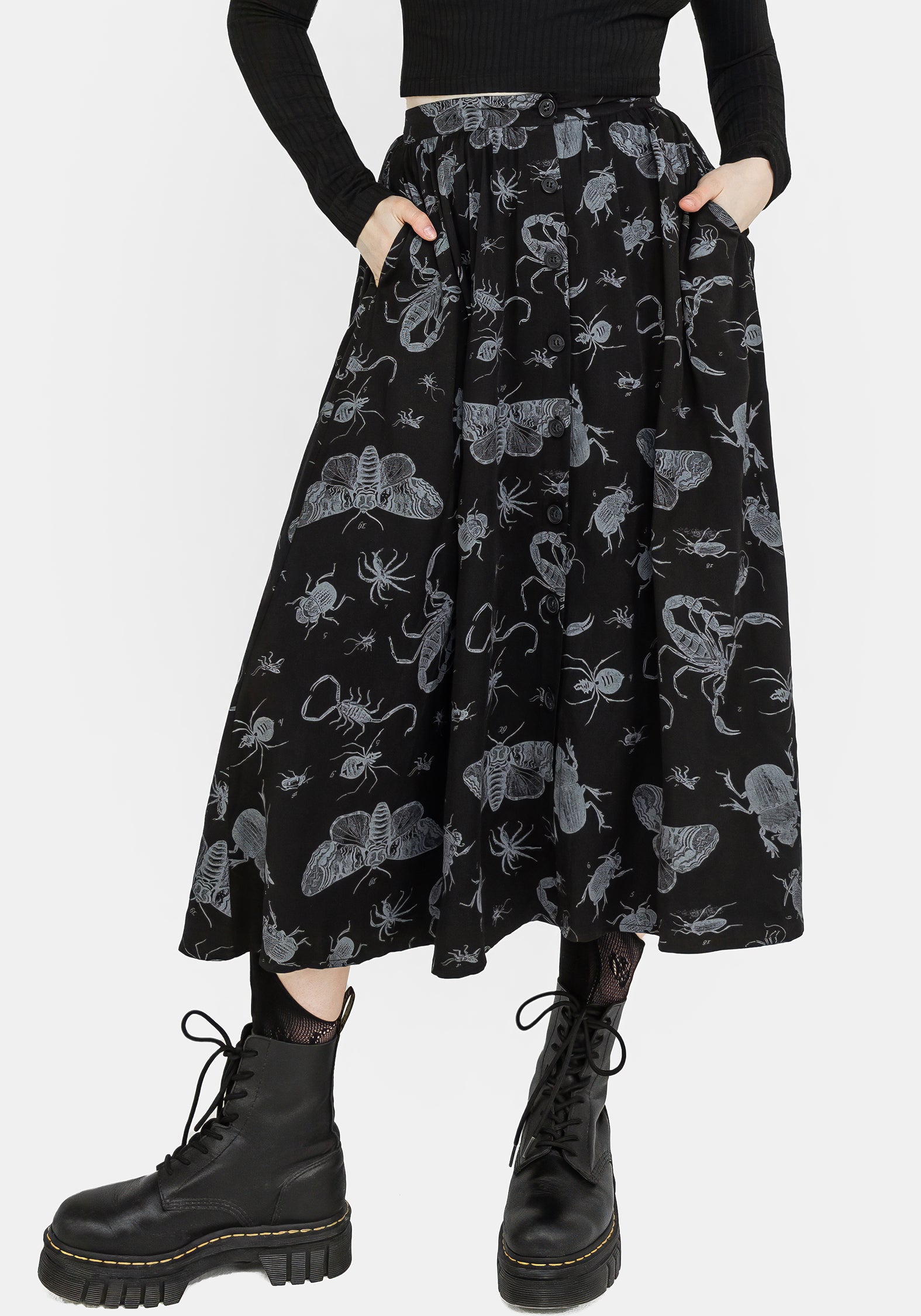 Black Bug Print Button Front Midi Skirt | Elastic Waist & Breathable