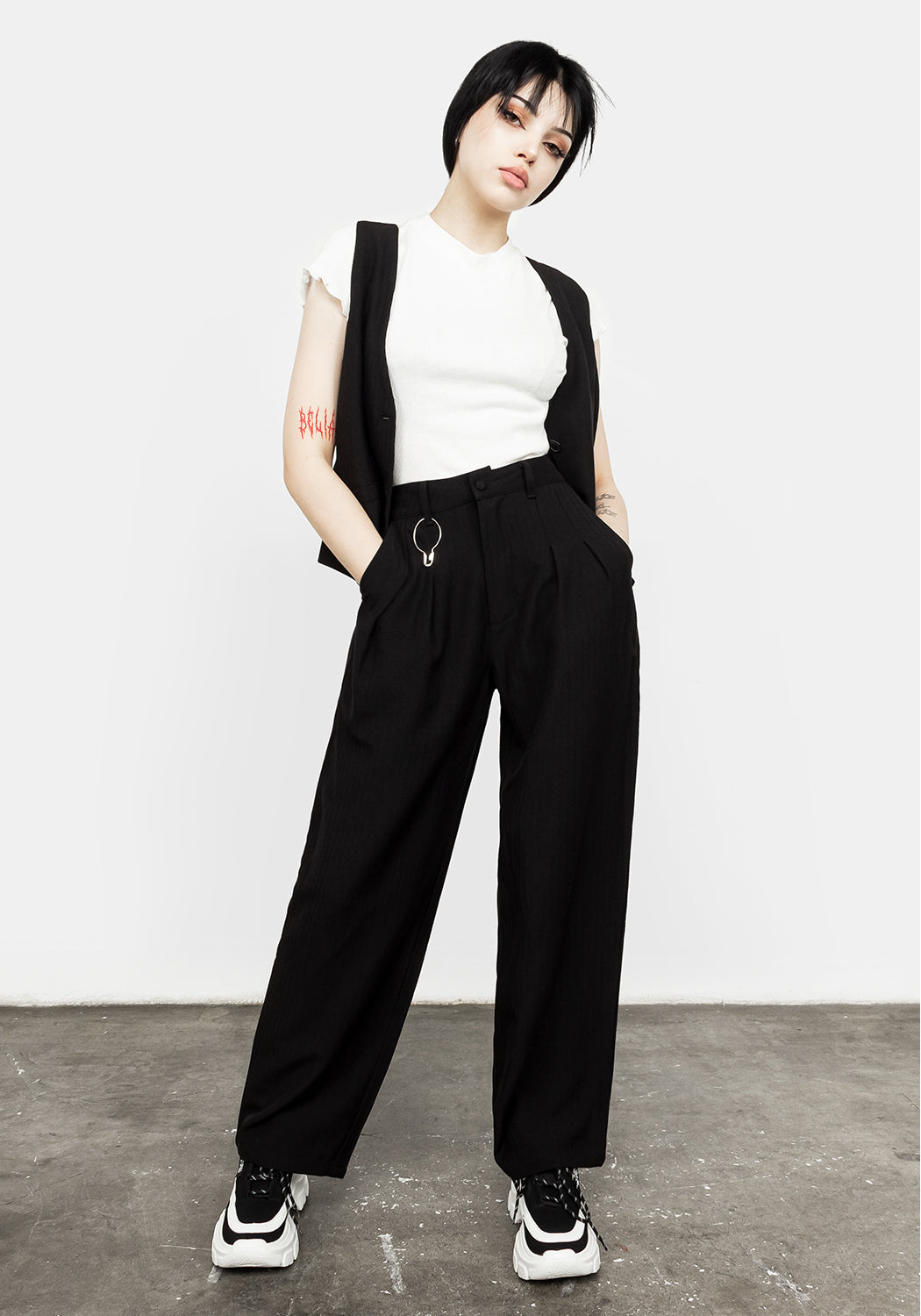 Herringbone Trousers with Hardware Details | Clarice Tailored