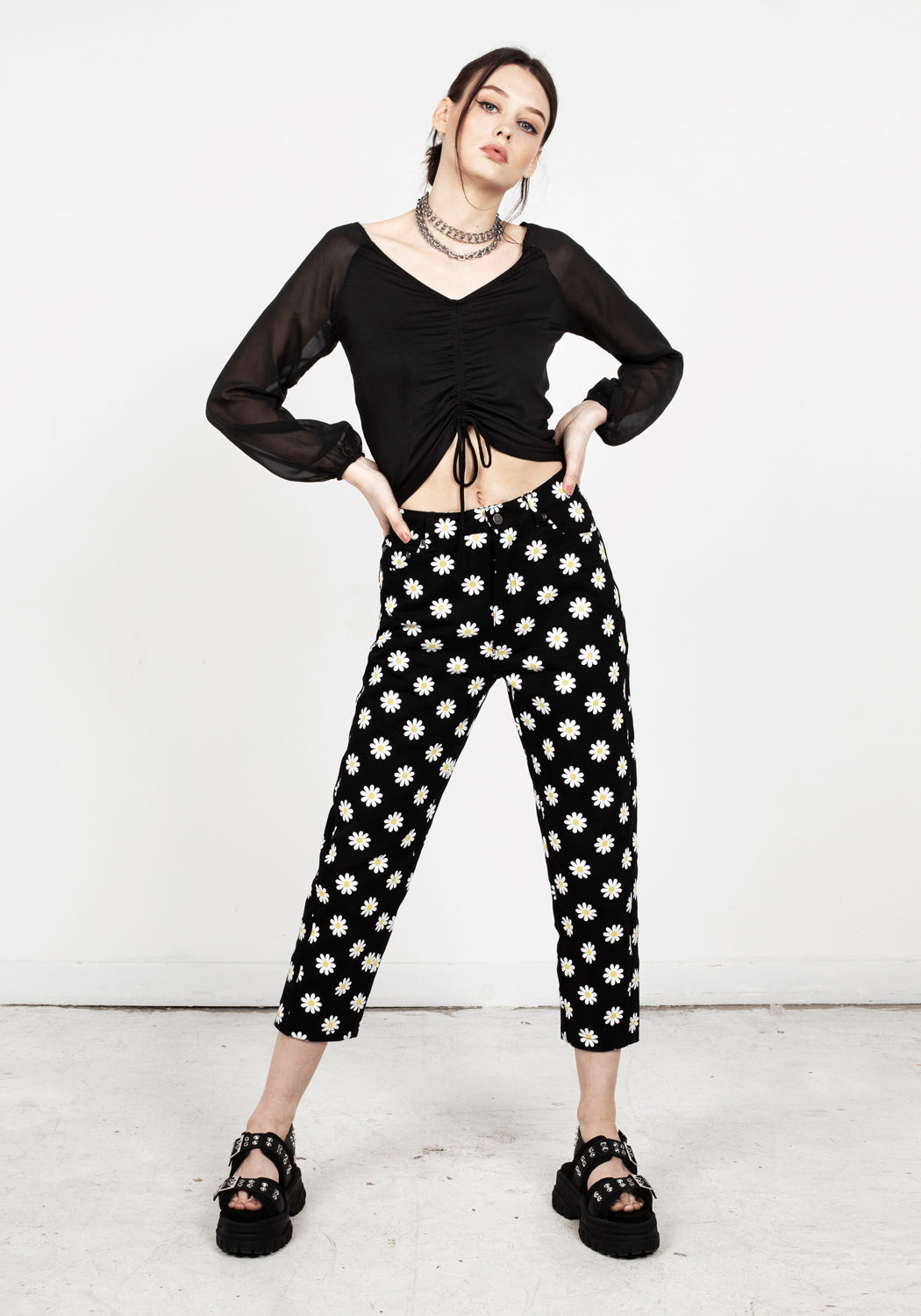 Black Daisy Print Cropped Mom Jeans | Disturbia