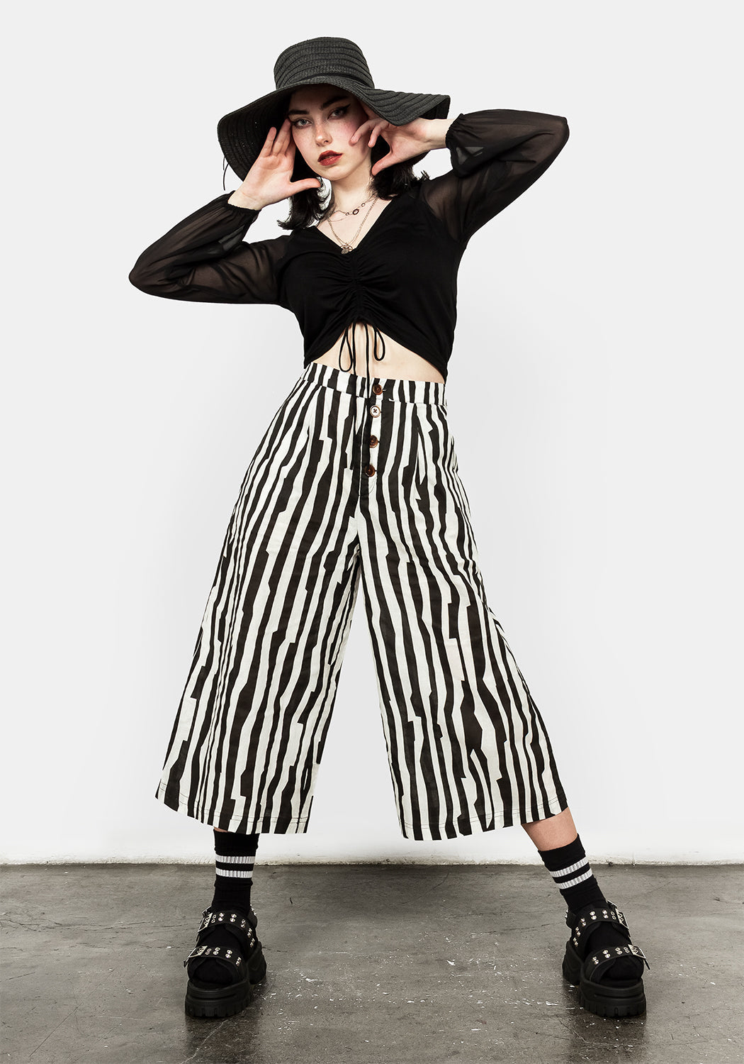 Wide-Leg Cropped Trousers with Pockets | Dark Wave Cotton Pants