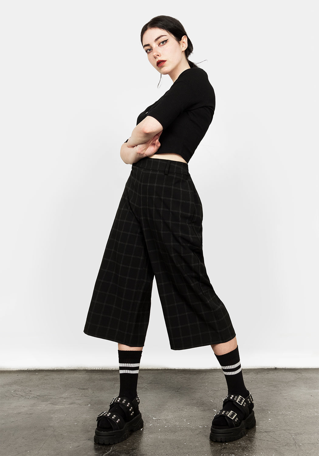 Wide Leg Crop Trousers with Elastic Waist & Belt Loops | Shade