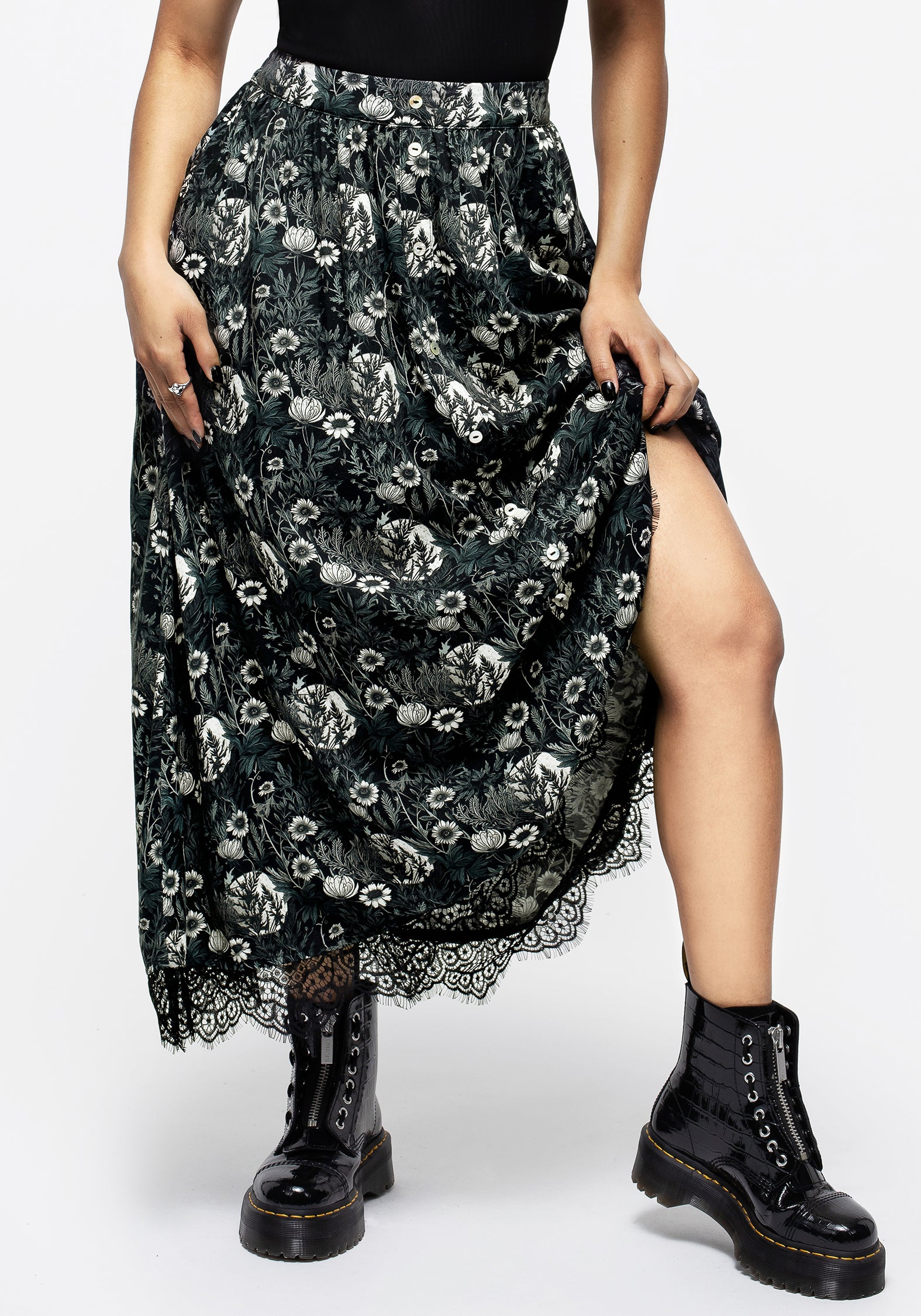 Floral Button Front Midaxi Skirt with Pockets & Lace Trim | Nightbloom